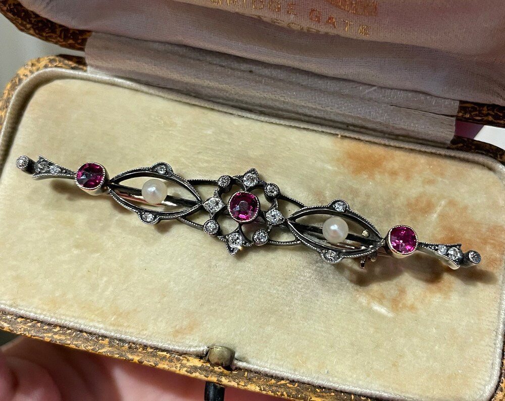 Late Victorian Ruby, Seed Pearl And Diamond Silver And Gold Brooch