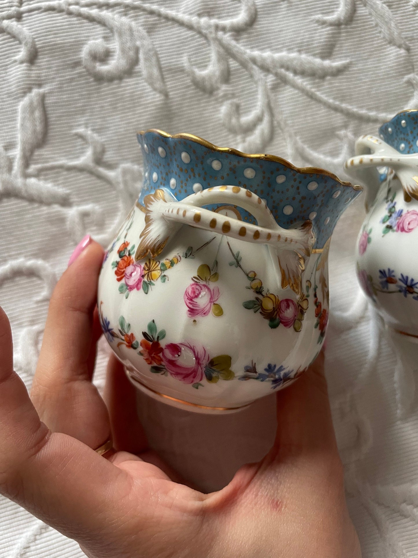 A Pair Of 19th Century Dresden Porcelain Two Handled Cache Pots Hand Painted And Encrusted With Flowers