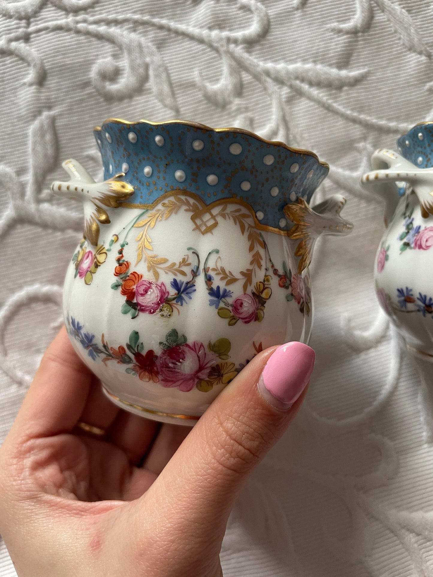 A Pair Of 19th Century Dresden Porcelain Two Handled Cache Pots Hand Painted And Encrusted With Flowers
