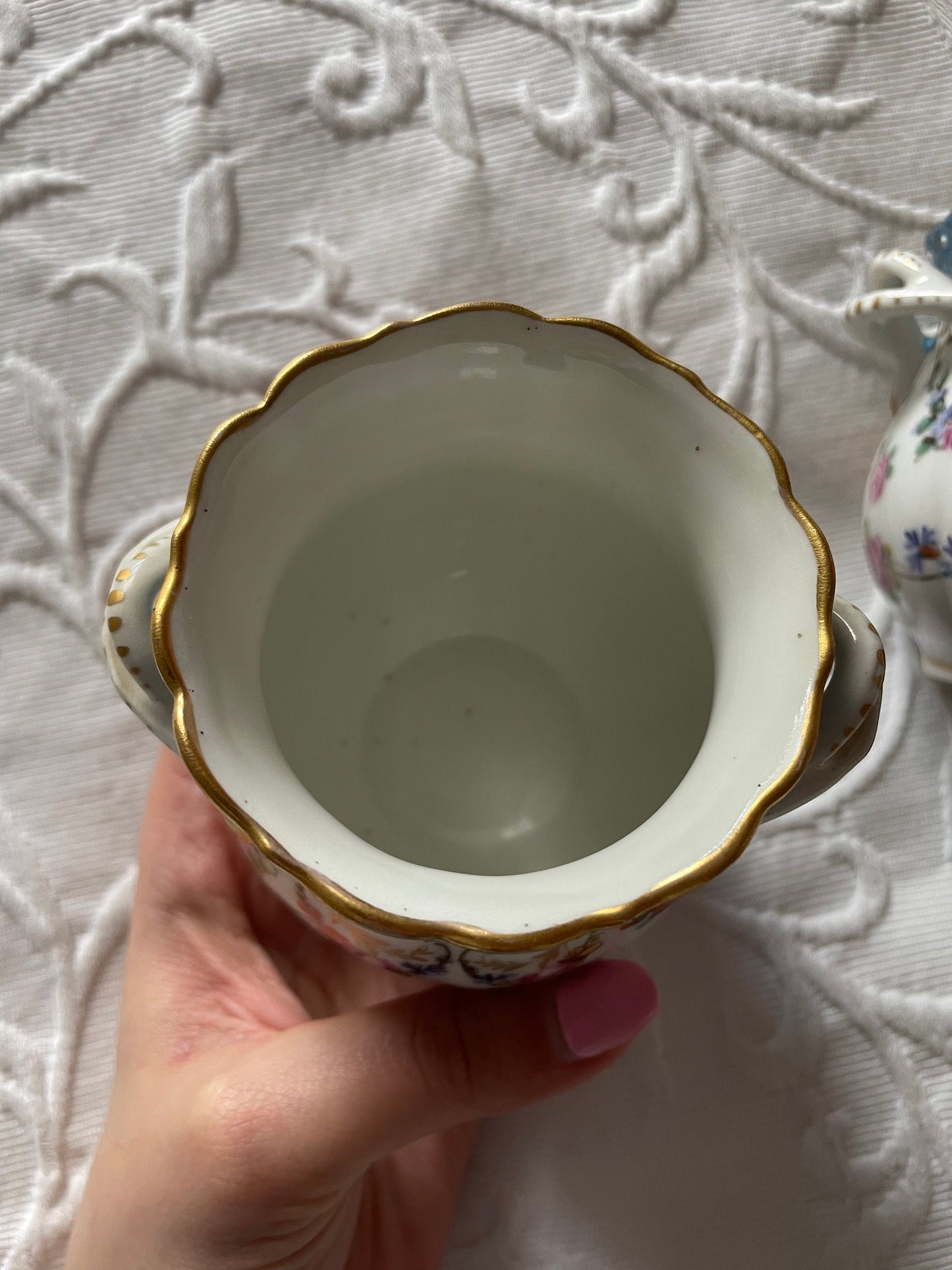 A Pair Of 19th Century Dresden Porcelain Two Handled Cache Pots Hand Painted And Encrusted With Flowers