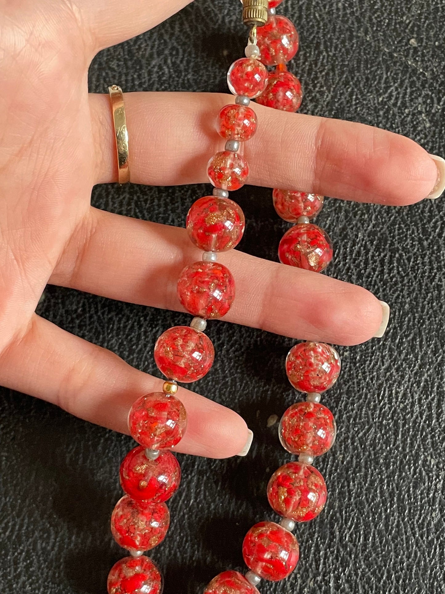 1920s 30s Art Deco Cherry Red Gold Glass Bead Necklace