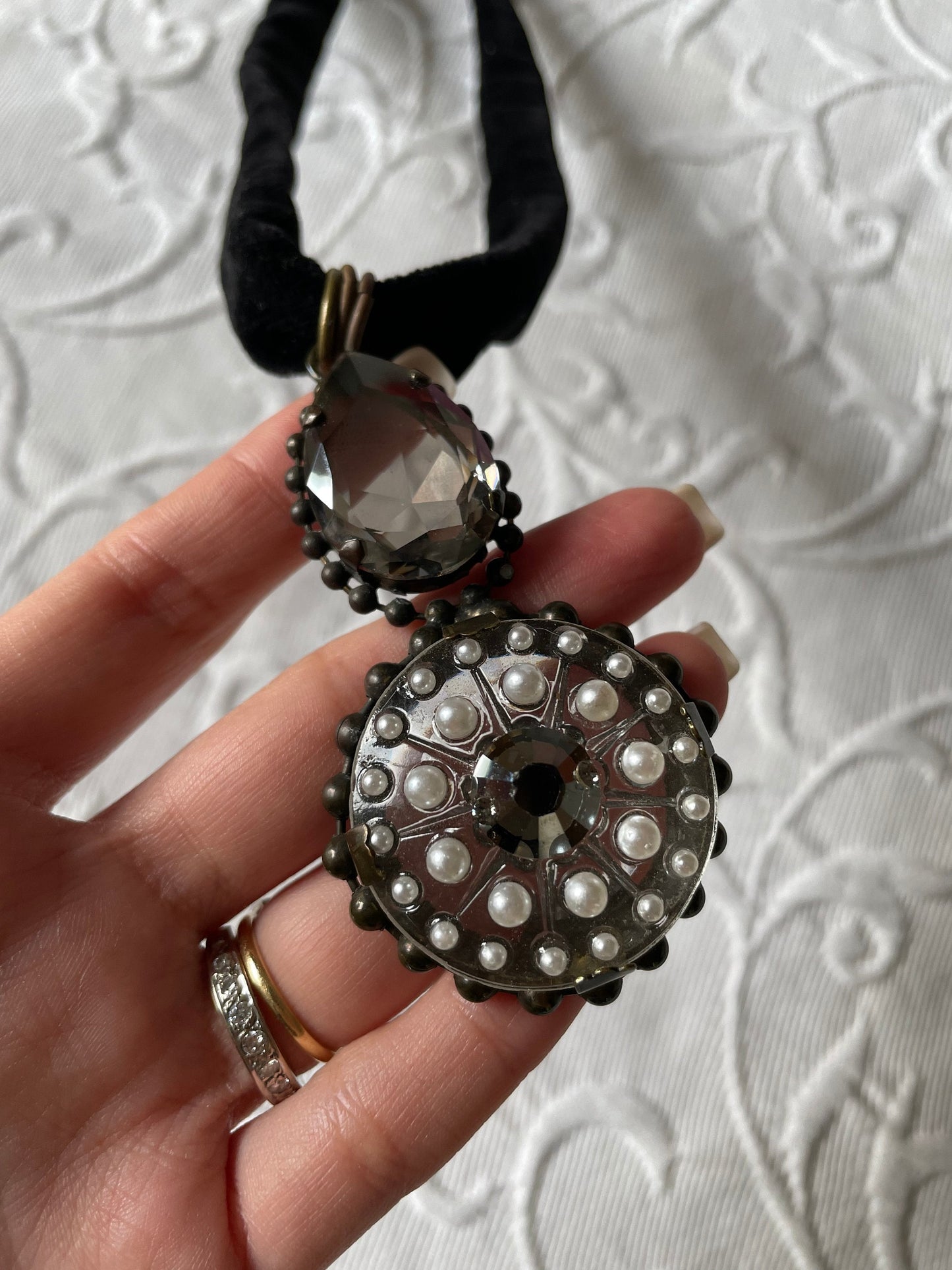 Victorian Gothic Mourning Style Black Velvet Rock Crystal Pendant Necklace