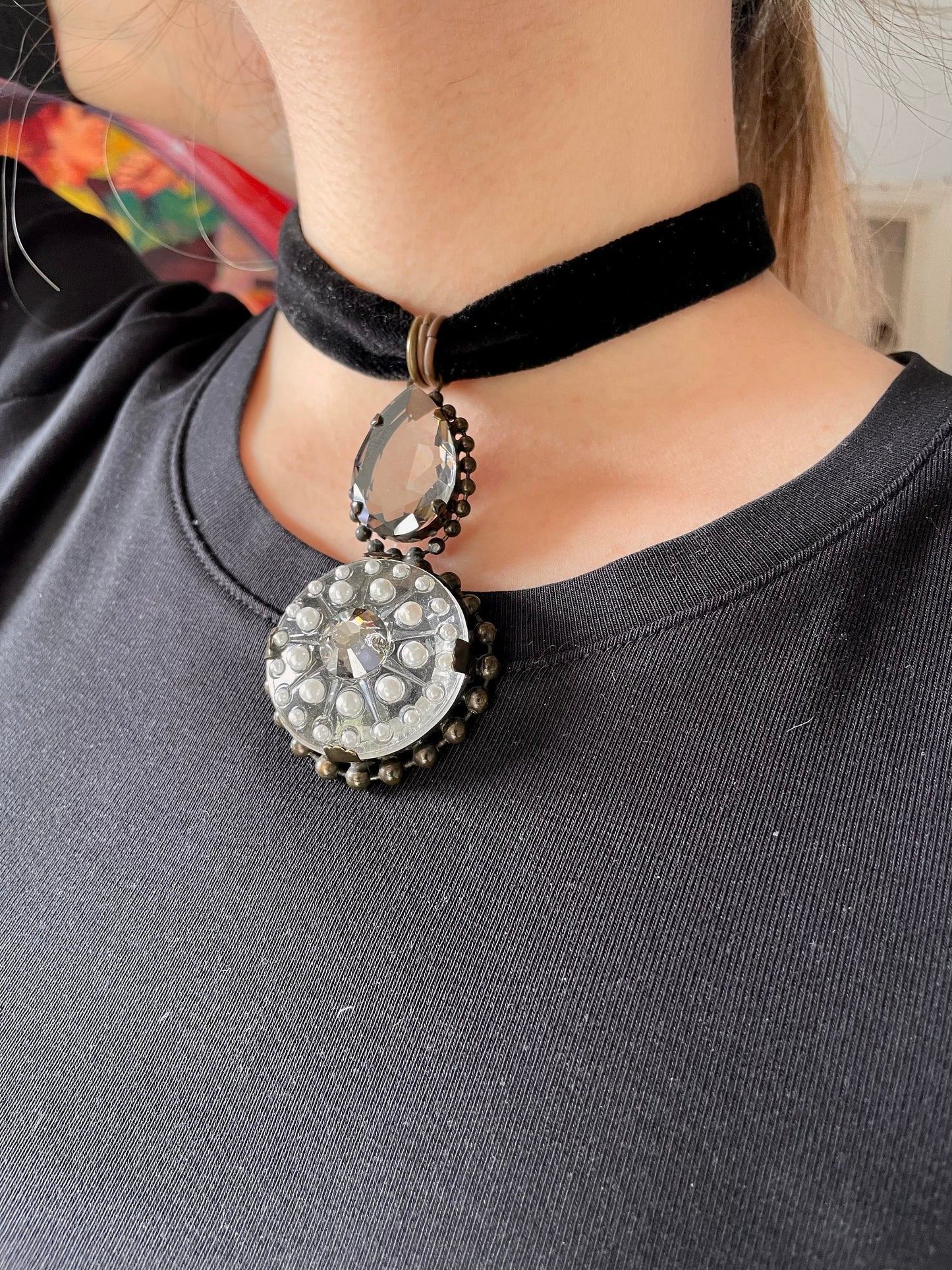 Victorian Gothic Mourning Style Black Velvet Rock Crystal Pendant Necklace