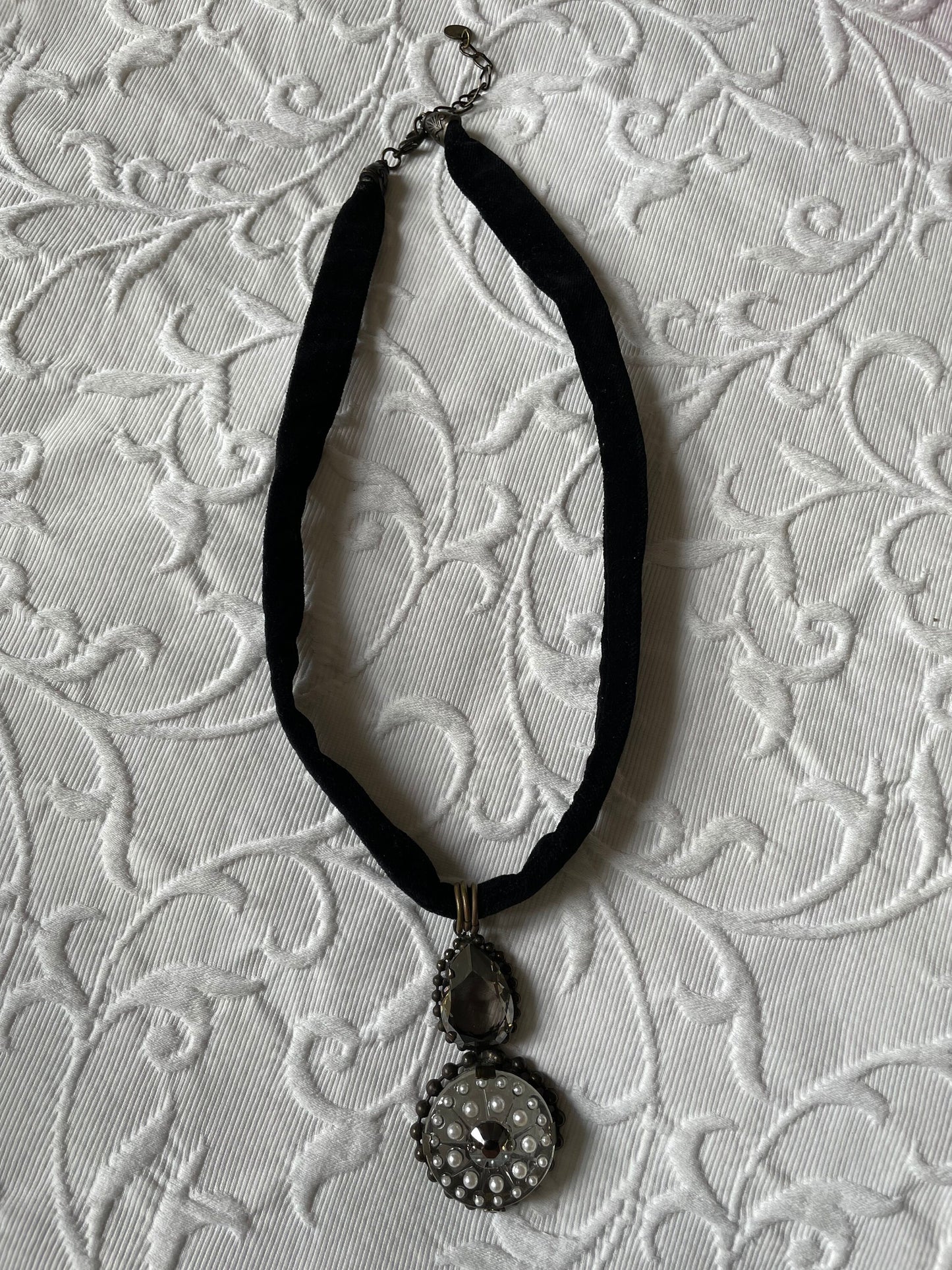 Victorian Gothic Mourning Style Black Velvet Rock Crystal Pendant Necklace