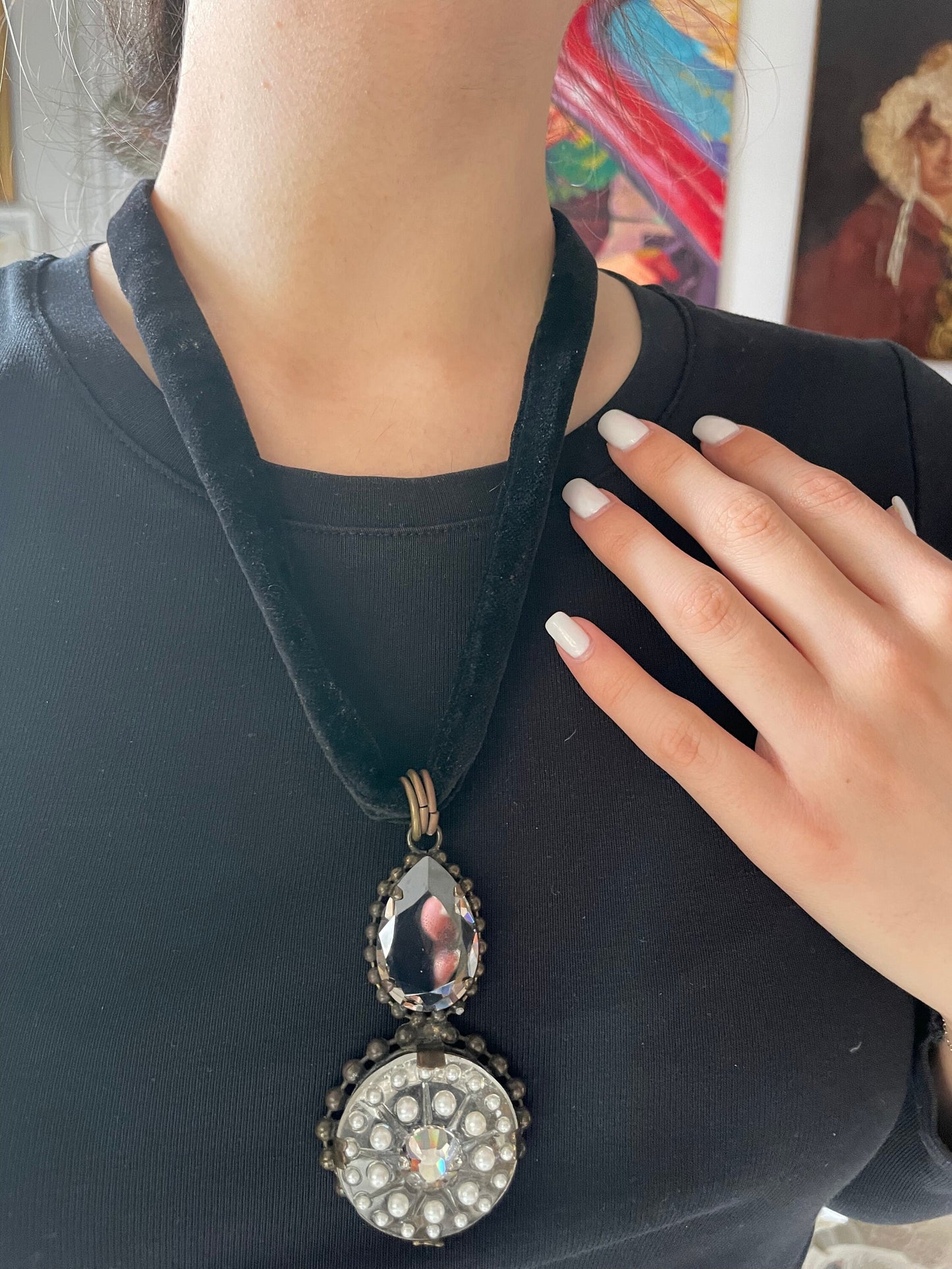Victorian Gothic Mourning Style Black Velvet Rock Crystal Pendant Necklace
