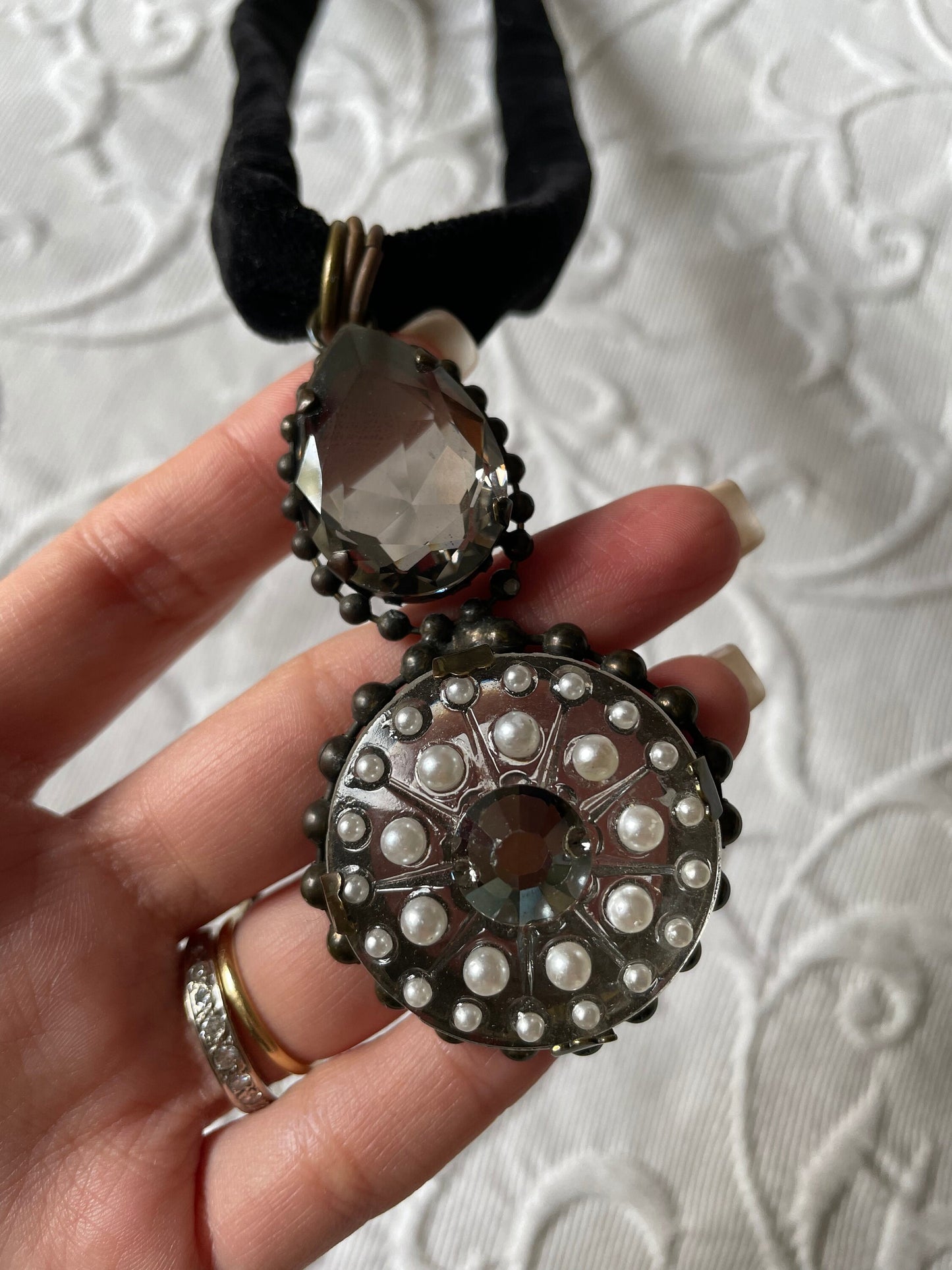Victorian Gothic Mourning Style Black Velvet Rock Crystal Pendant Necklace