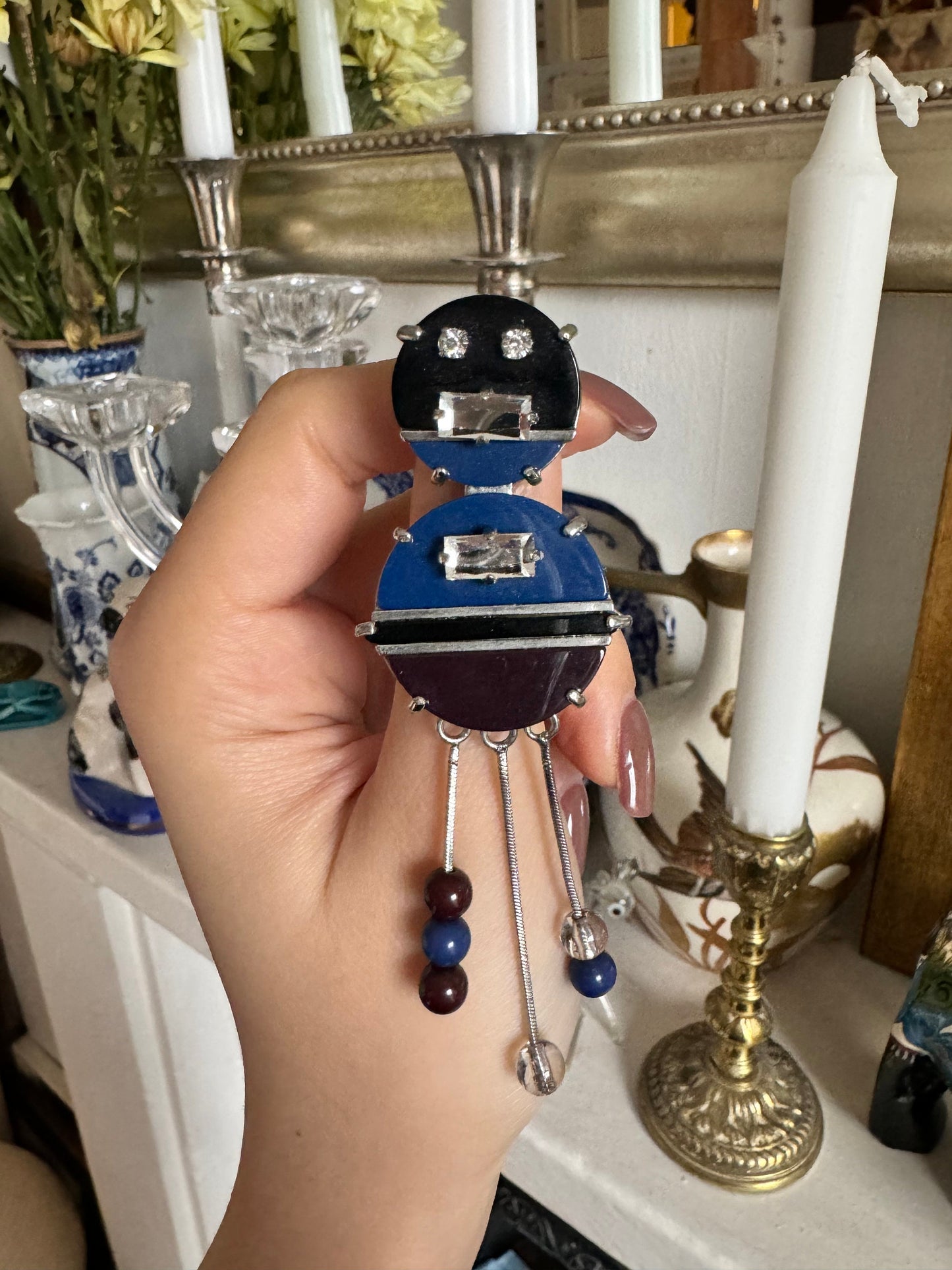 Rare 1980s Colour Block Robot Shape Dangling Brooch