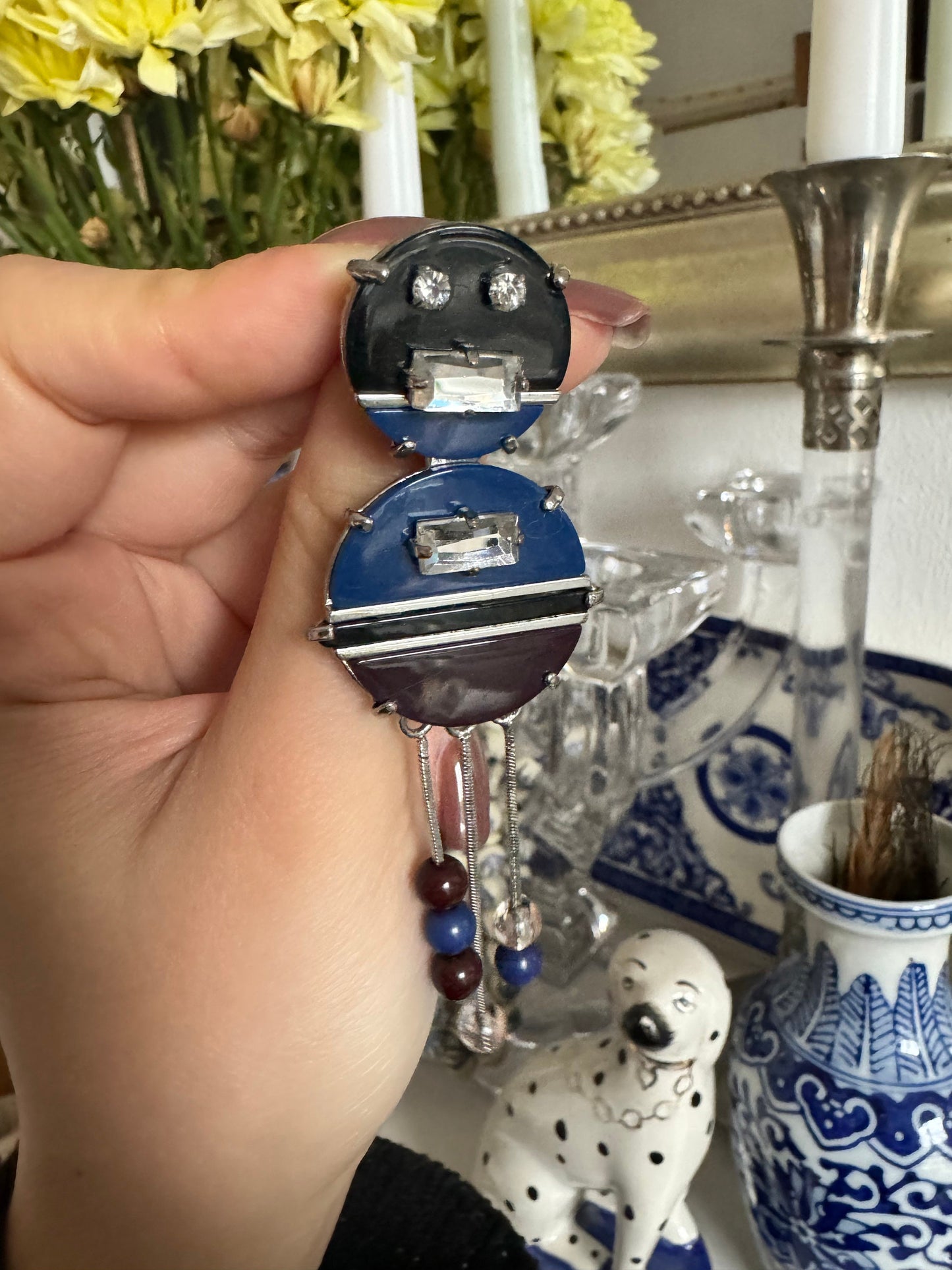 Rare 1980s Colour Block Robot Shape Dangling Brooch