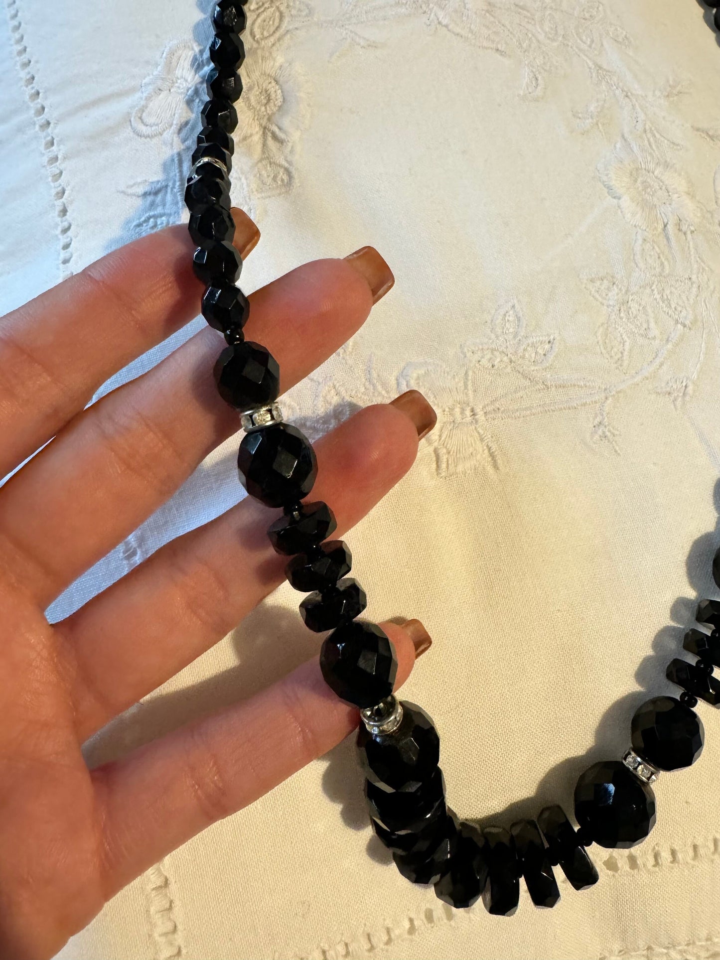 Antique 1920s Art Deco Jet Black Faceted Glass Beaded Mid Length Necklace