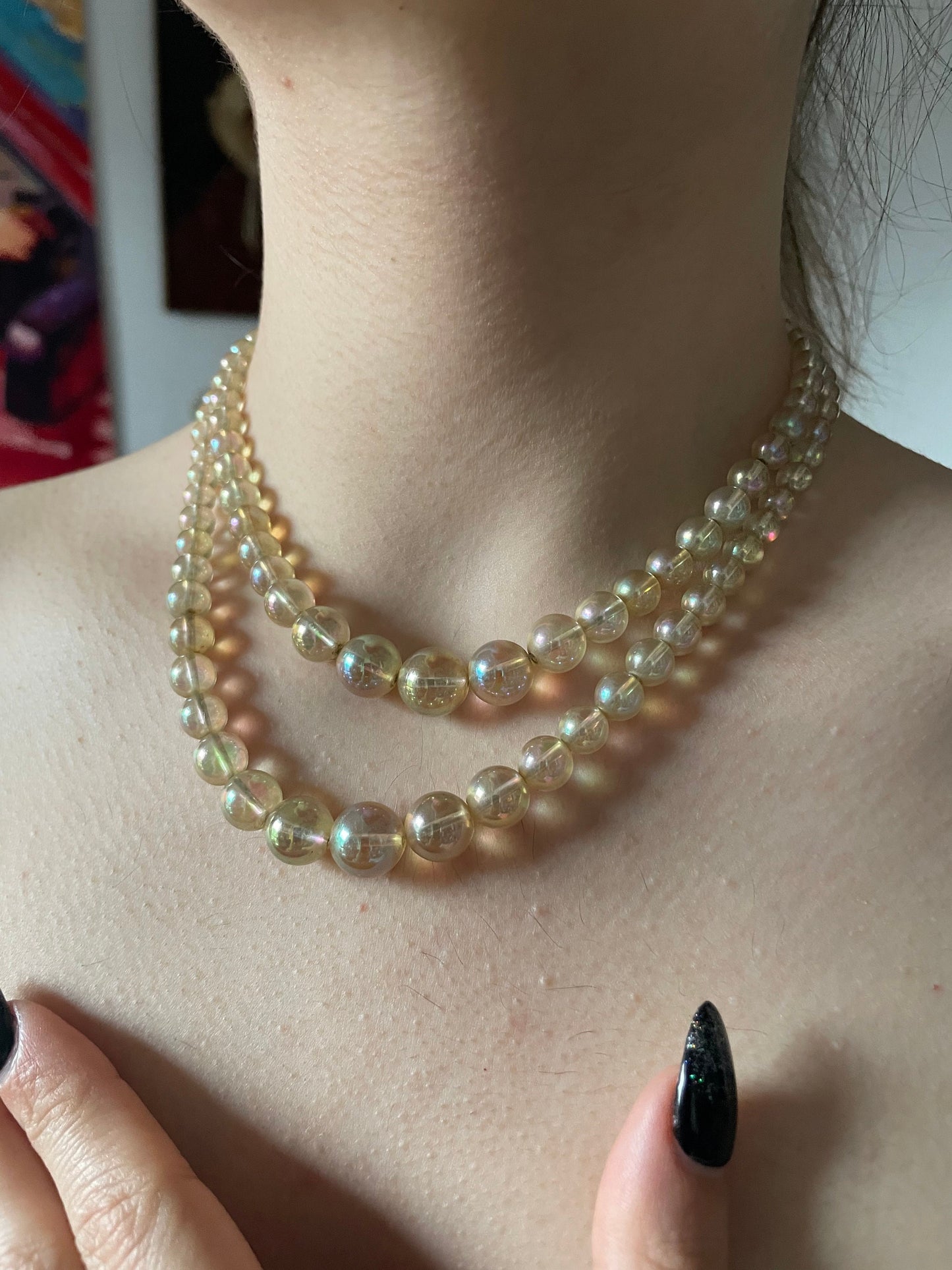 Vintage 1950s Iridescent Aurora Borealis Bead Two Strand Necklace