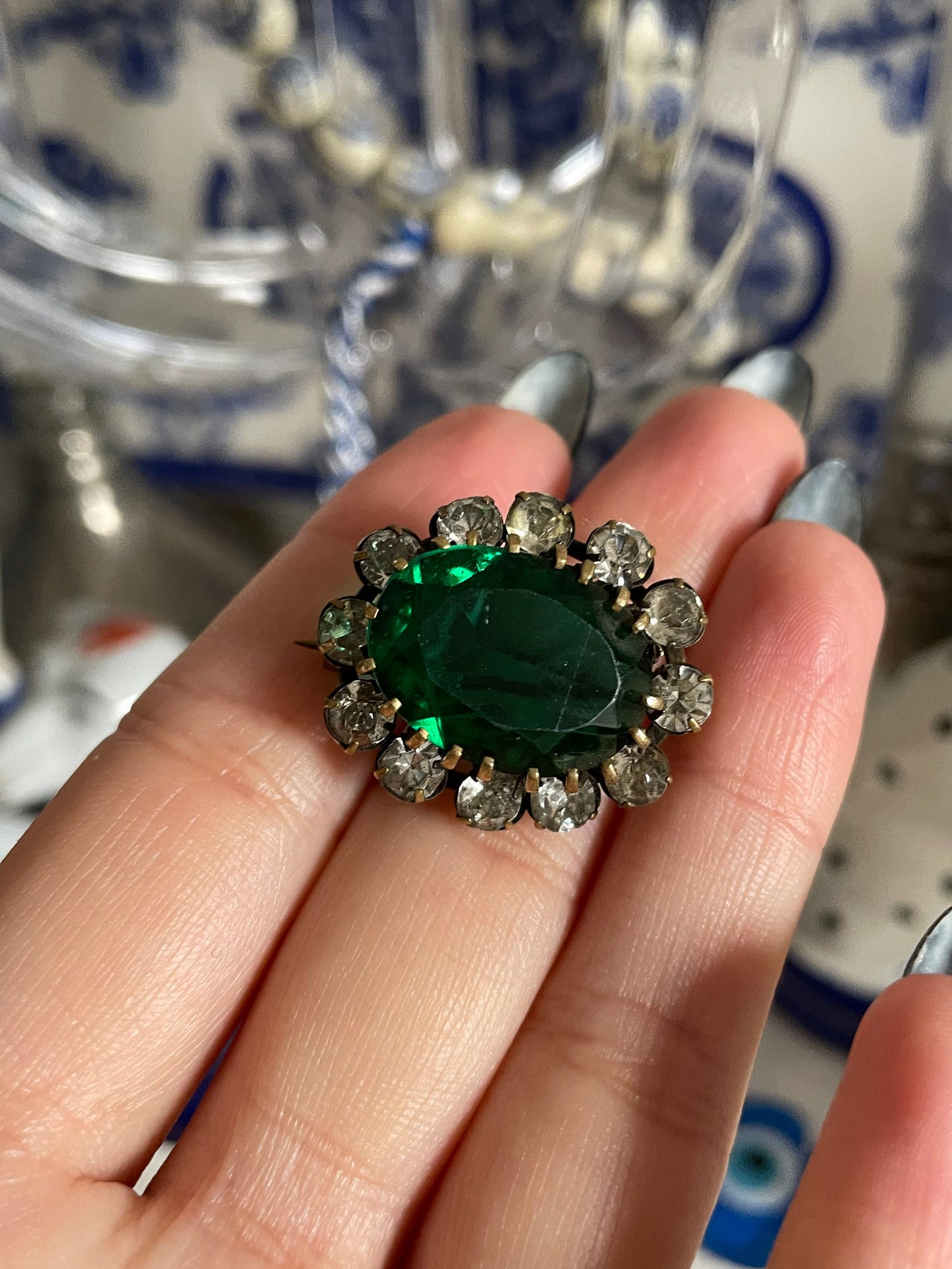 Antique 19th Century Victorian Clear & Emerald Green Paste Stone Brooch