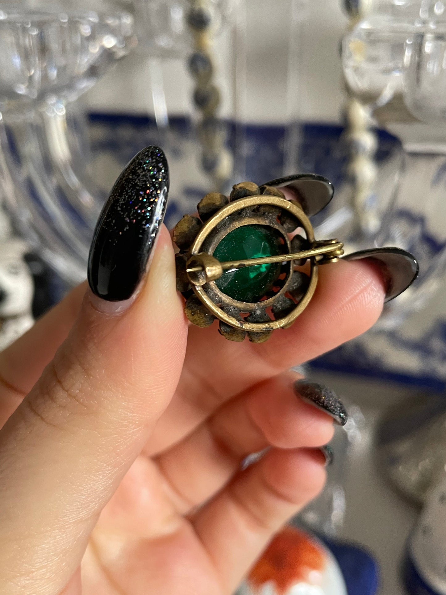 Antique 19th Century Victorian Clear & Emerald Green Paste Stone Brooch