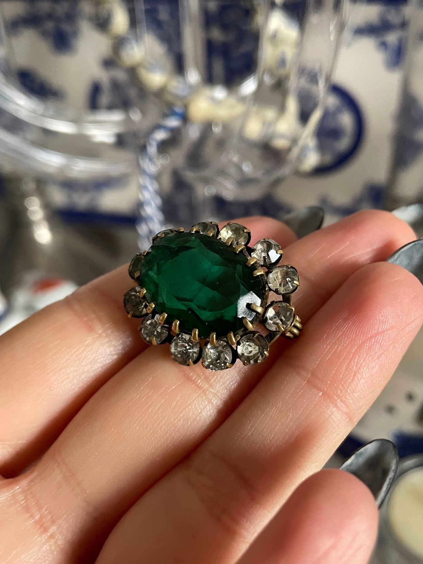 Antique 19th Century Victorian Clear & Emerald Green Paste Stone Brooch