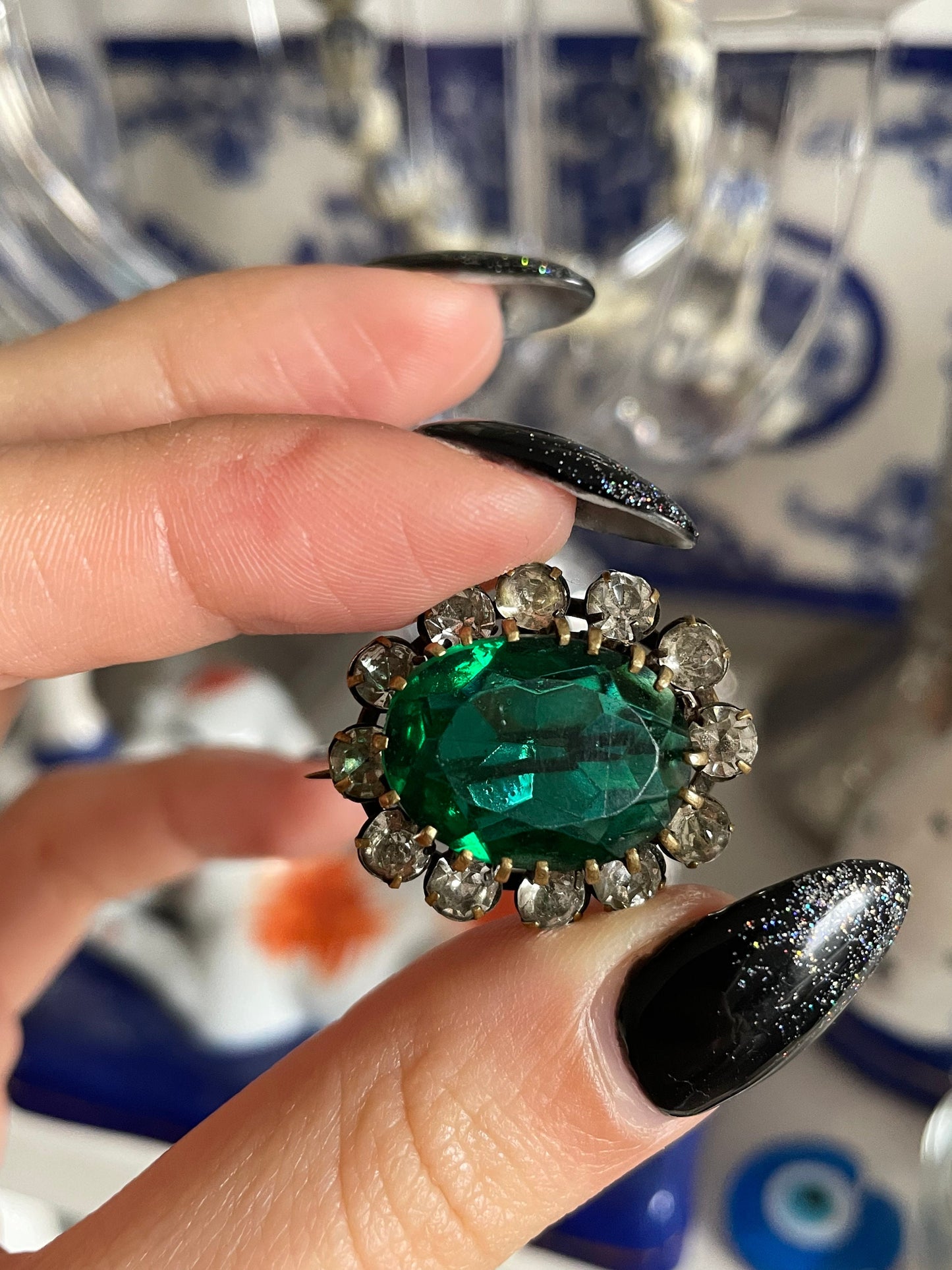 Antique 19th Century Victorian Clear & Emerald Green Paste Stone Brooch