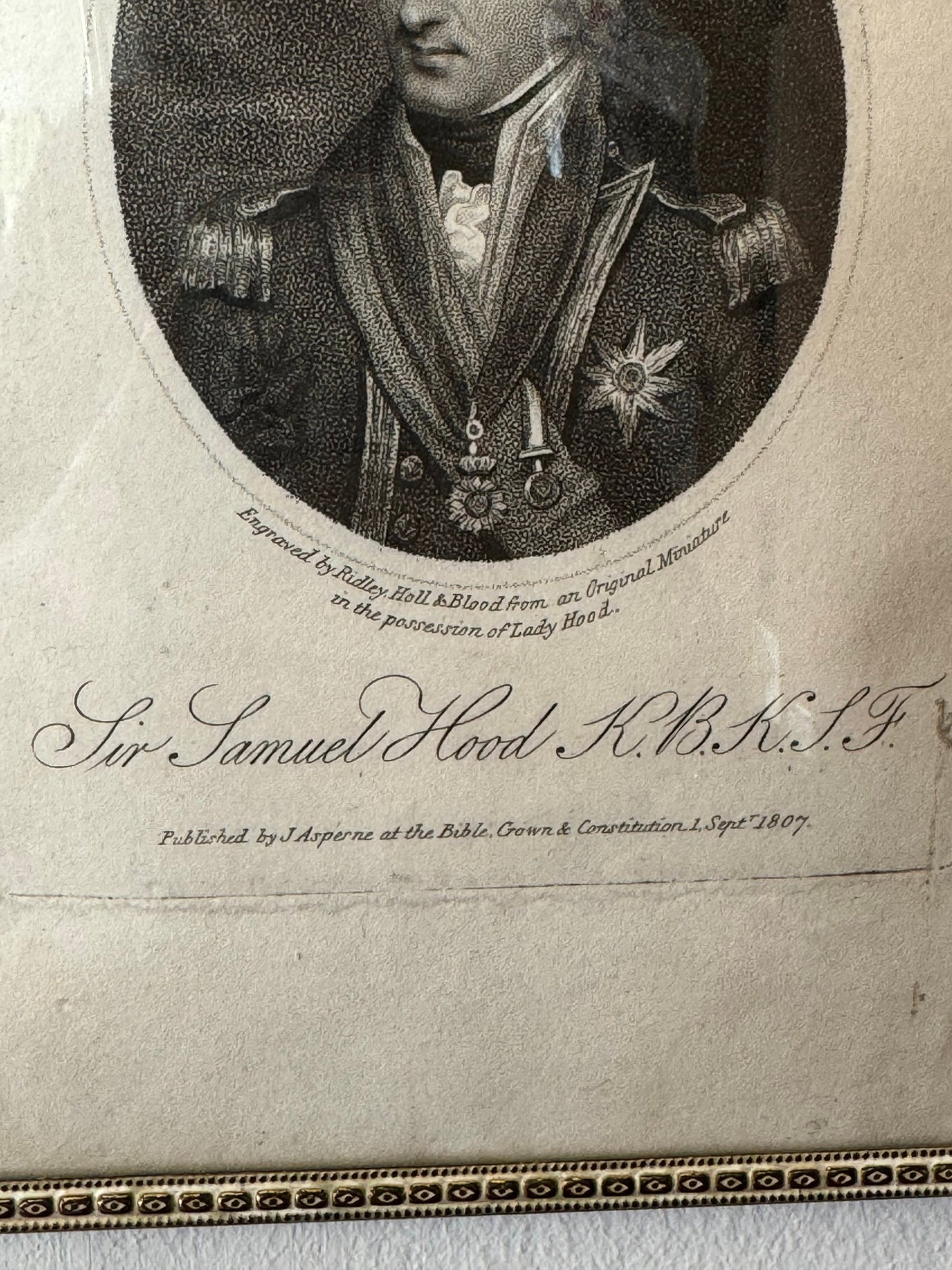 Georgian Engraving Portrait Sir Samuel Hood K.B.K.S.F. Engraved by Ridley, Hall & Blood from an Original Miniature - European Magazine