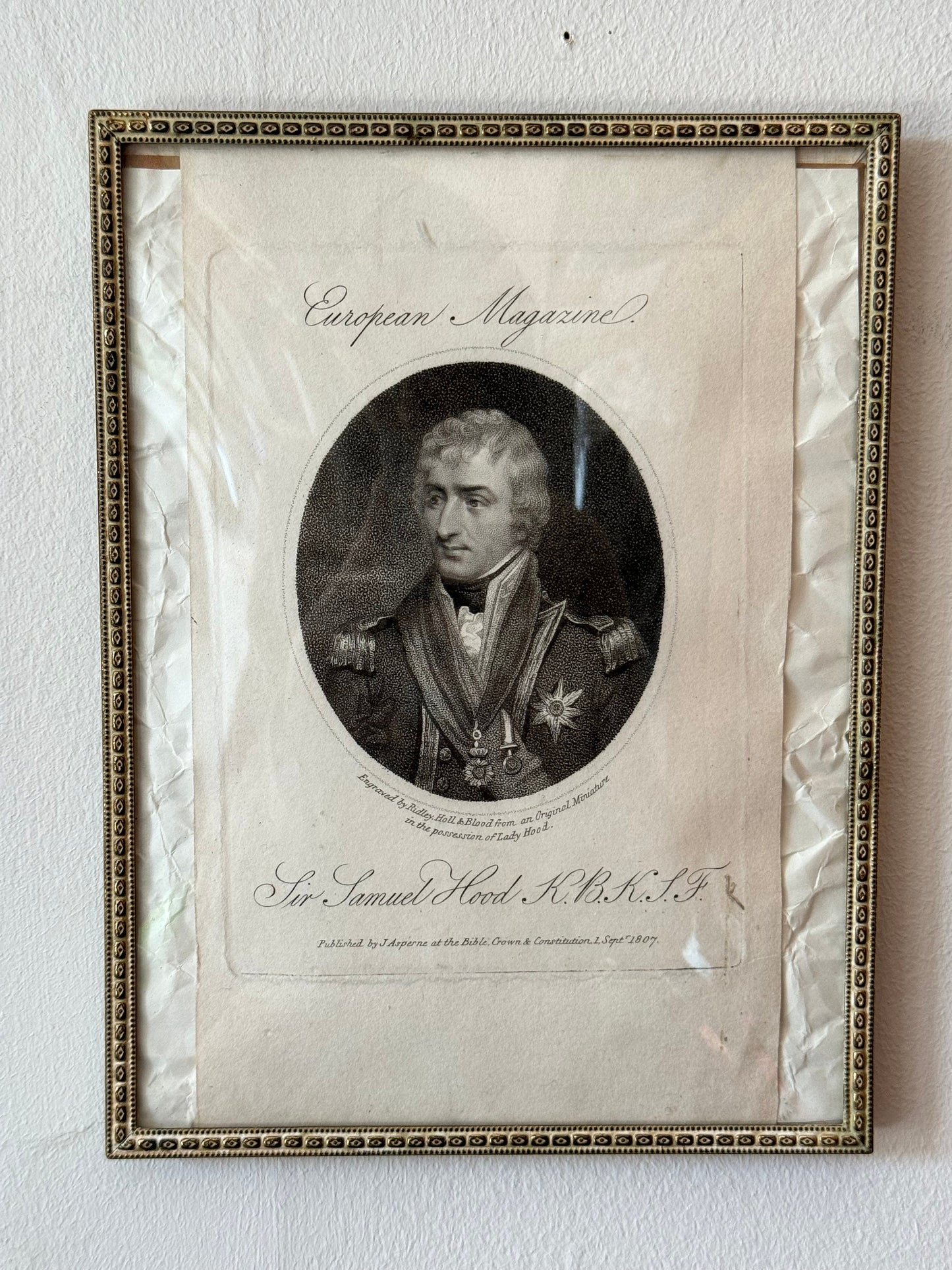 Georgian Engraving Portrait Sir Samuel Hood K.B.K.S.F. Engraved by Ridley, Hall & Blood from an Original Miniature - European Magazine