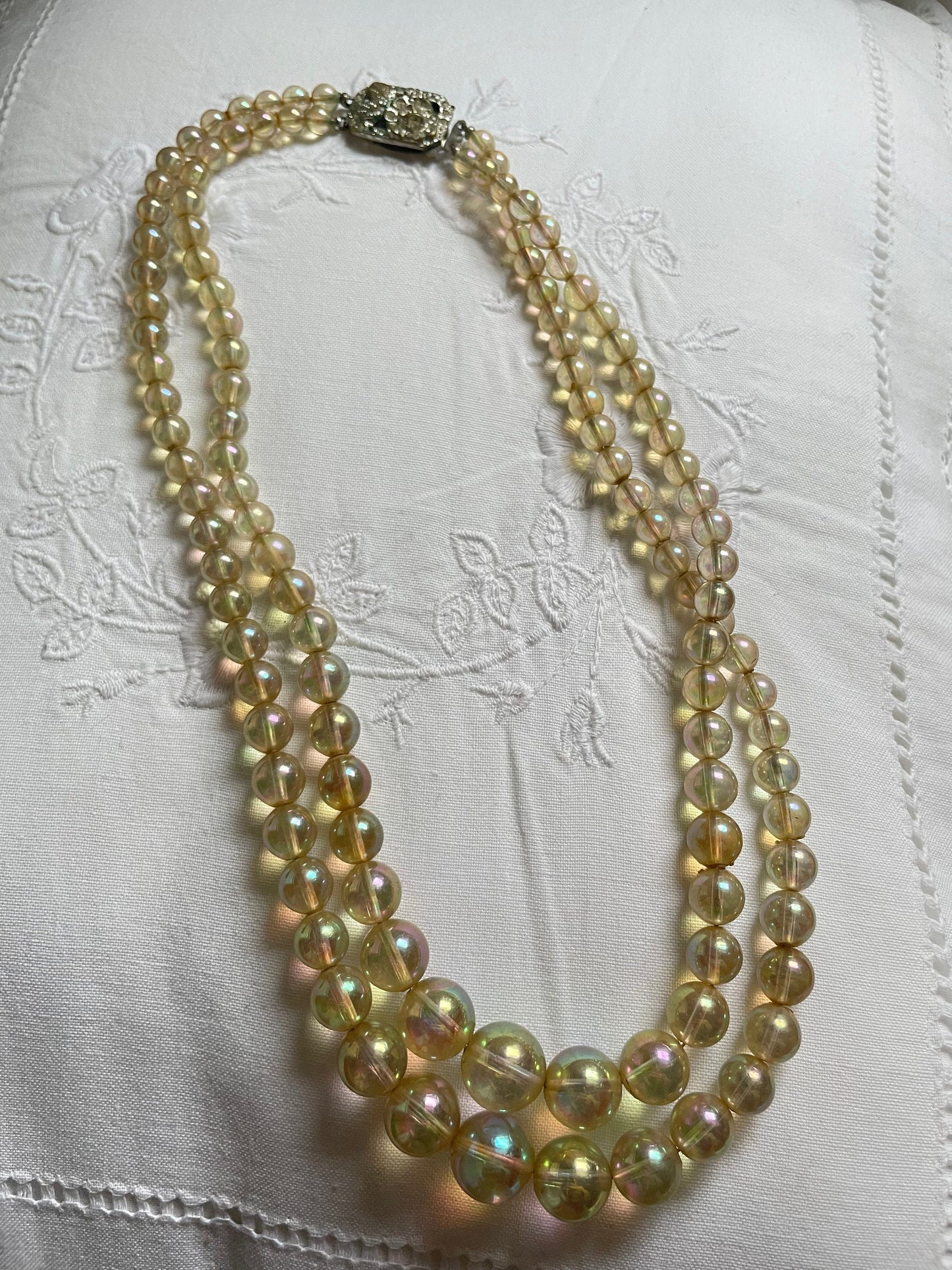 Vintage 1950s Iridescent Aurora Borealis Bead Two Strand Necklace