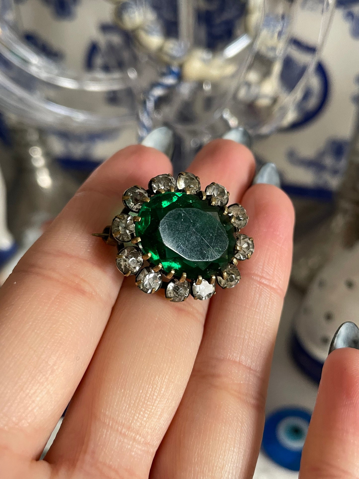Antique 19th Century Victorian Clear & Emerald Green Paste Stone Brooch