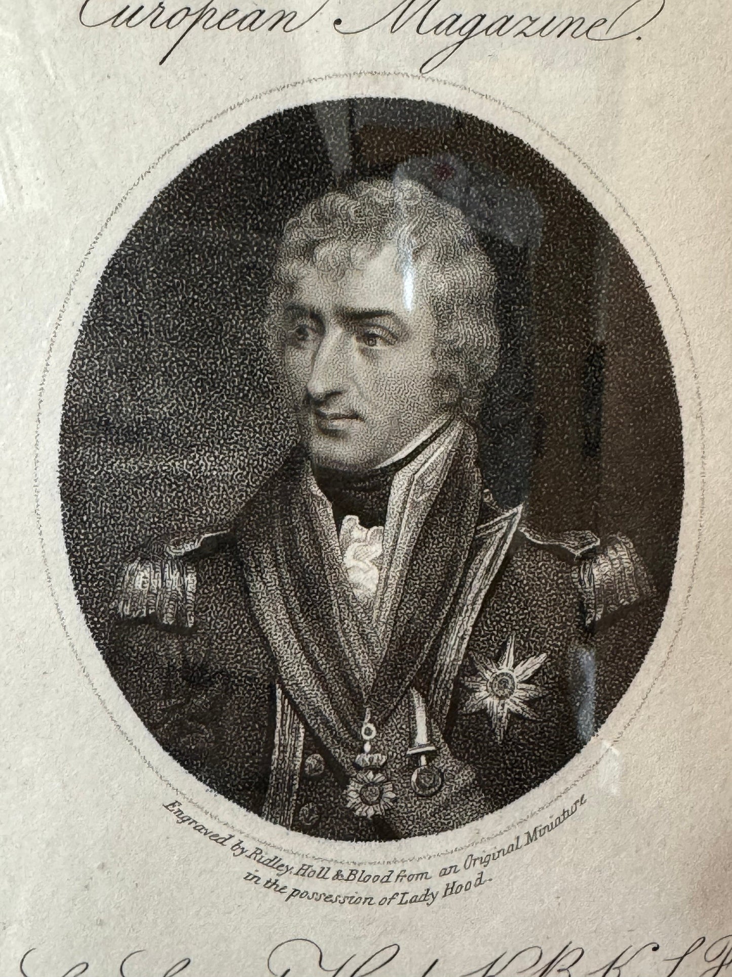 Georgian Engraving Portrait Sir Samuel Hood K.B.K.S.F. Engraved by Ridley, Hall & Blood from an Original Miniature - European Magazine