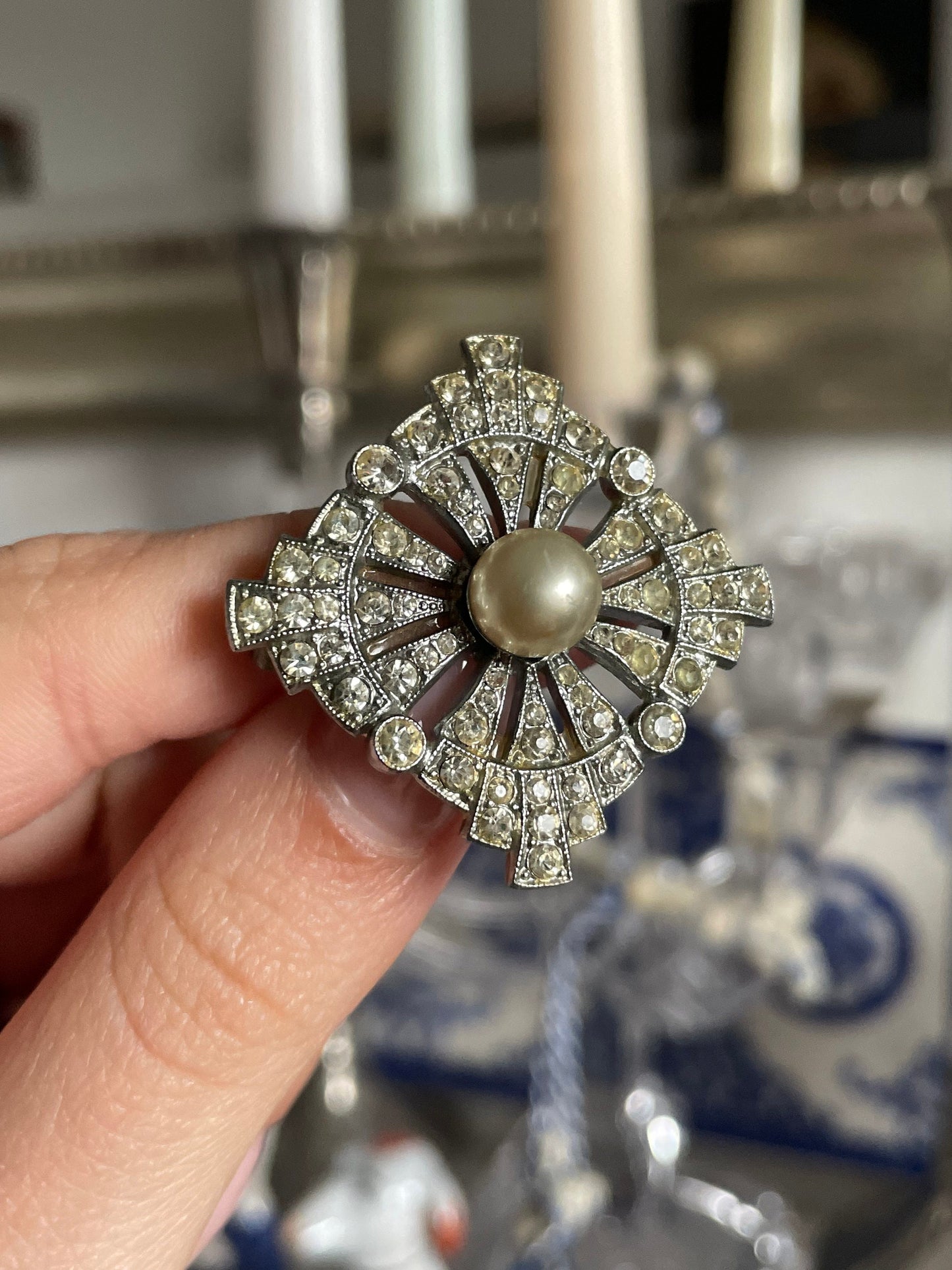 Antique Art Deco 1920s 1930s Rhodium Plated Paste Stone Pearl Brooch