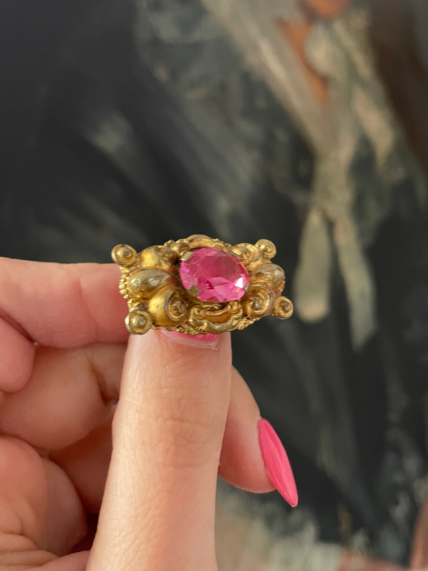 Antique Edwardian Czech Pink Sapphire Paste Ornate Brooch - Gold Tone