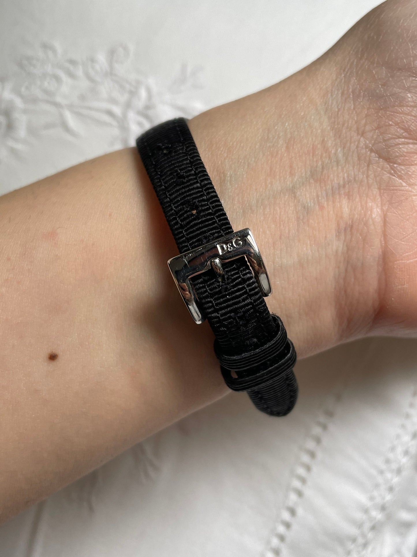 D&G Dolce And Gabbana Art Deco Style Ladies Watch - Stainless Steel, Black Fabric and Leather Strap