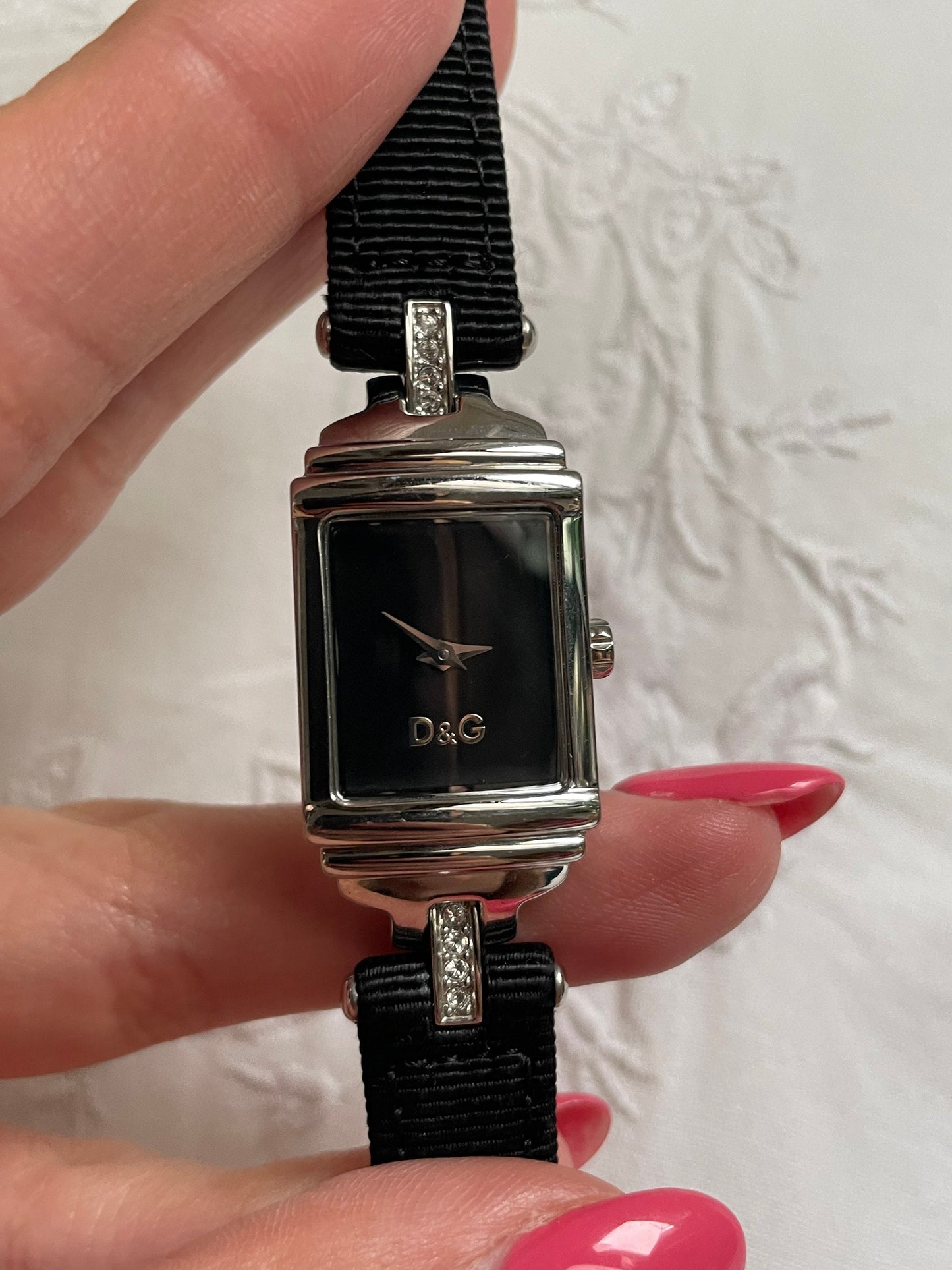 D&G Dolce And Gabbana Art Deco Style Ladies Watch - Stainless Steel, Black Fabric and Leather Strap