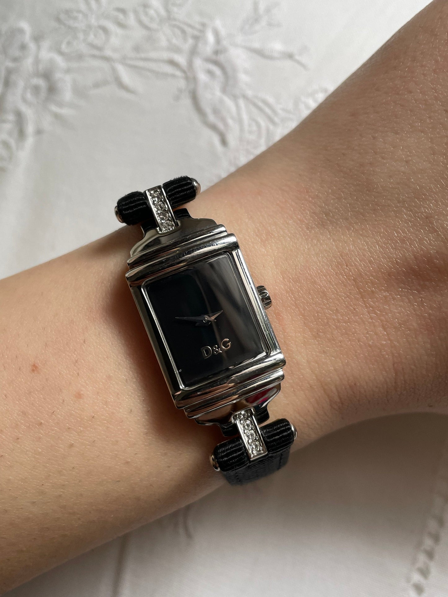 D&G Dolce And Gabbana Art Deco Style Ladies Watch - Stainless Steel, Black Fabric and Leather Strap