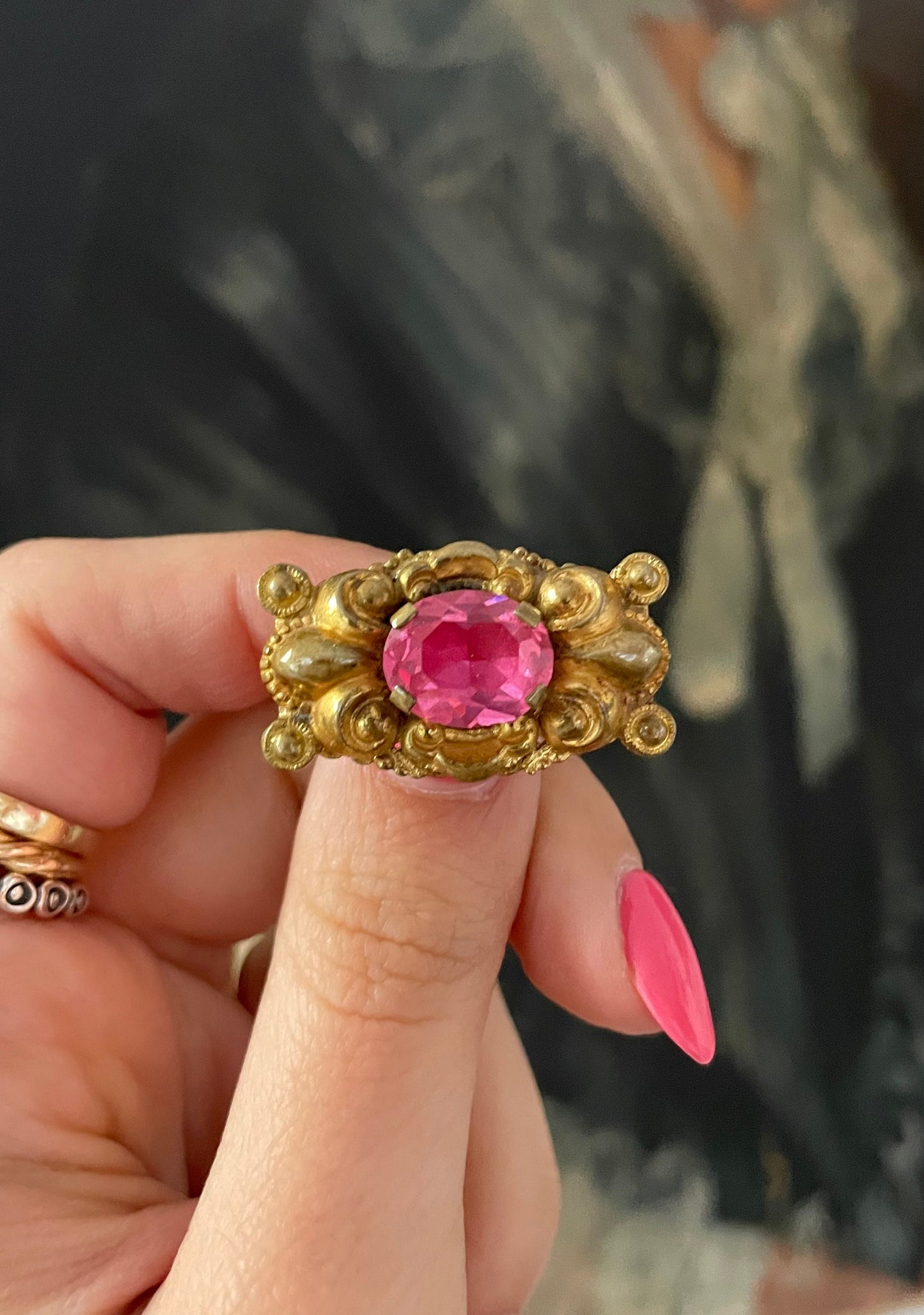 Antique Edwardian Czech Pink Sapphire Paste Ornate Brooch - Gold Tone