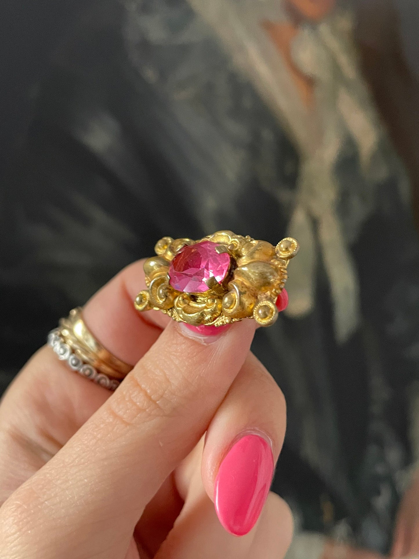 Antique Edwardian Czech Pink Sapphire Paste Ornate Brooch - Gold Tone