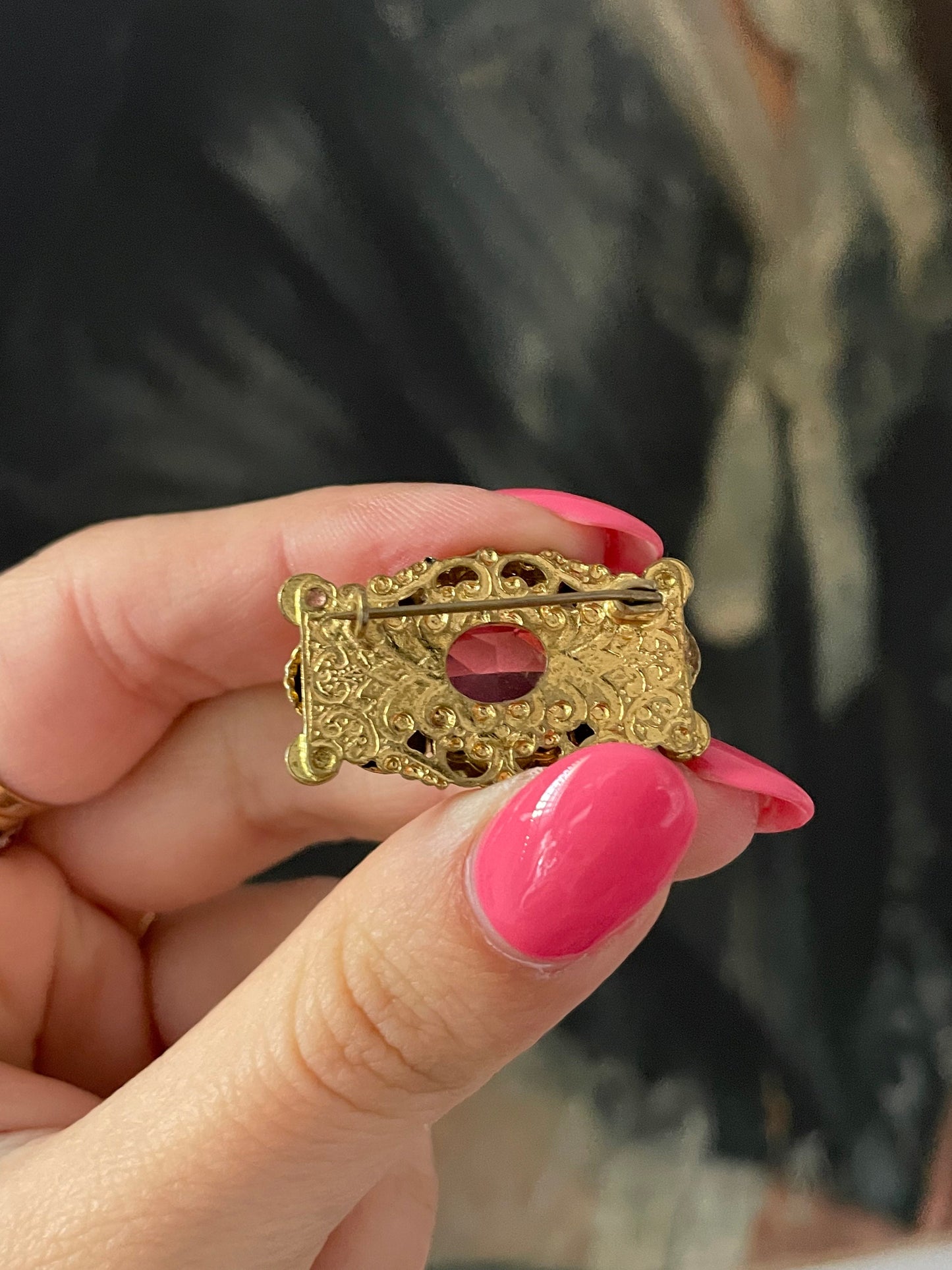 Antique Edwardian Czech Pink Sapphire Paste Ornate Brooch - Gold Tone