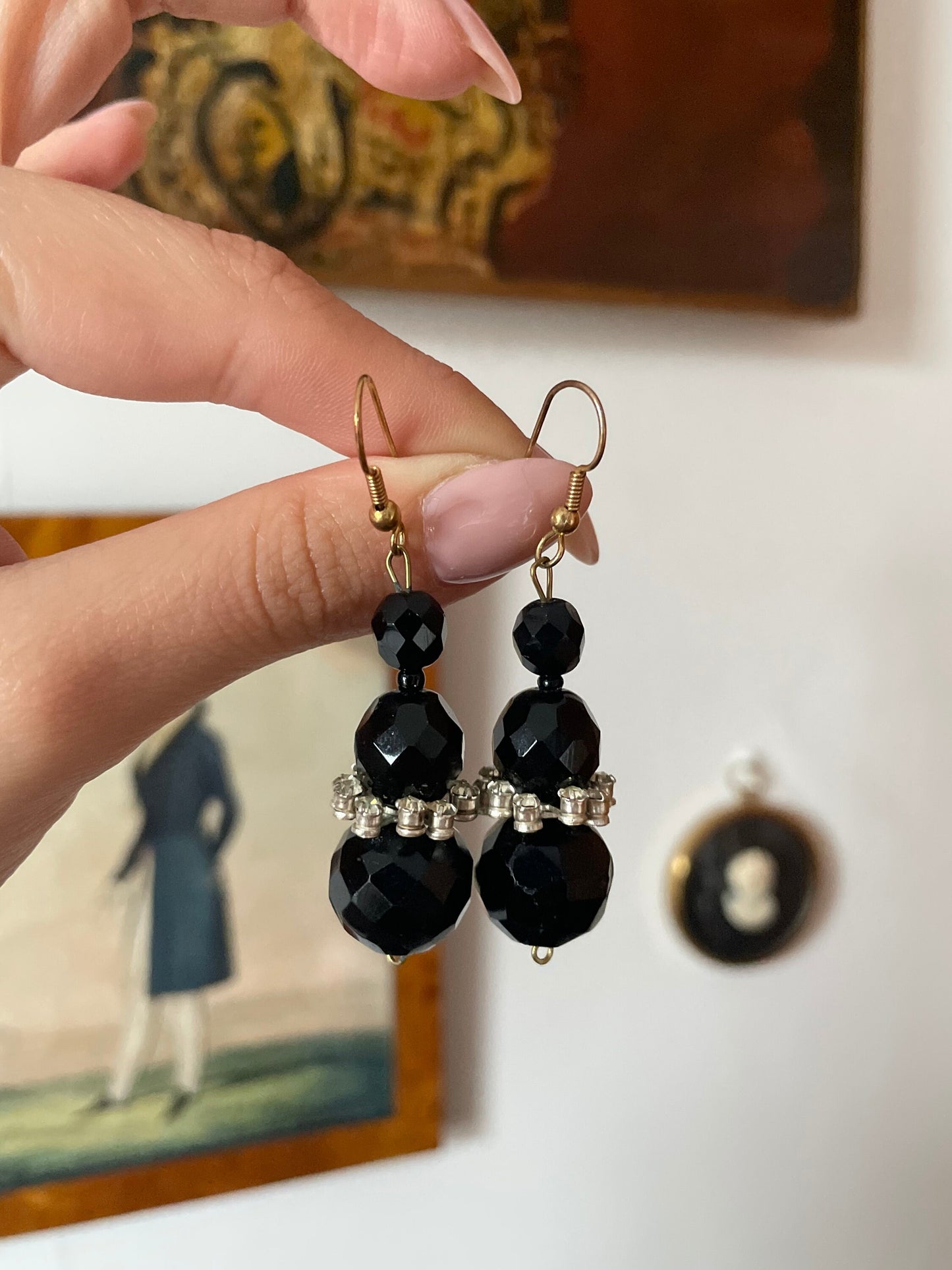 Antique 1920s / 30s Art Deco French Jet Glass Tiered Bead Earrings