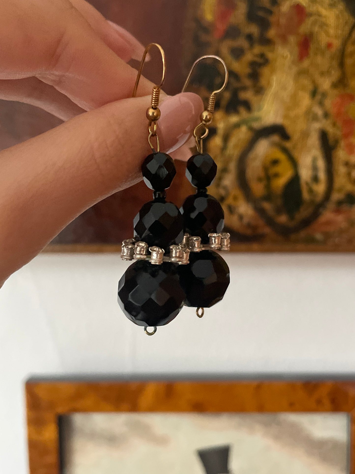 Antique 1920s / 30s Art Deco French Jet Glass Tiered Bead Earrings