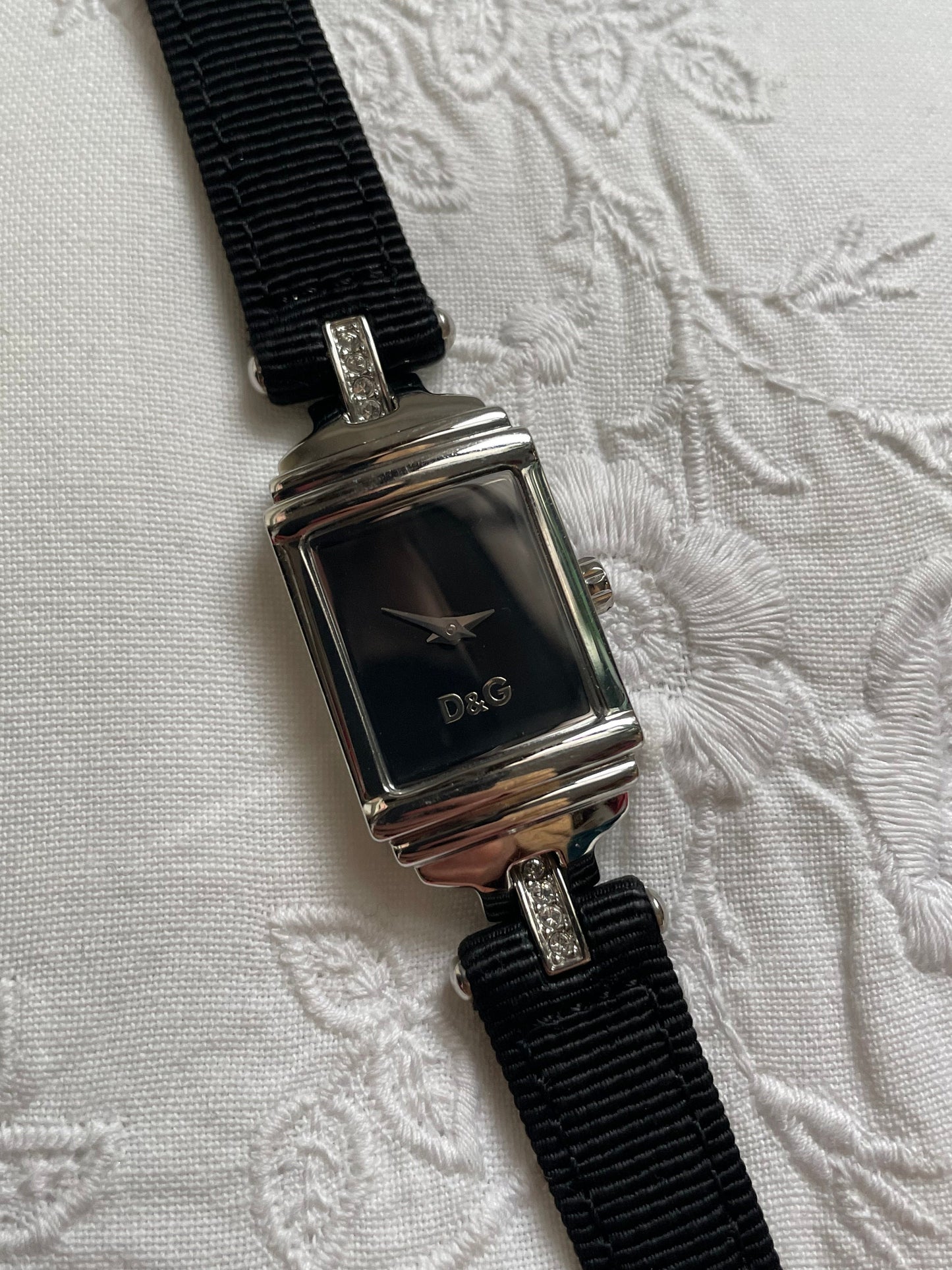 D&G Dolce And Gabbana Art Deco Style Ladies Watch - Stainless Steel, Black Fabric and Leather Strap