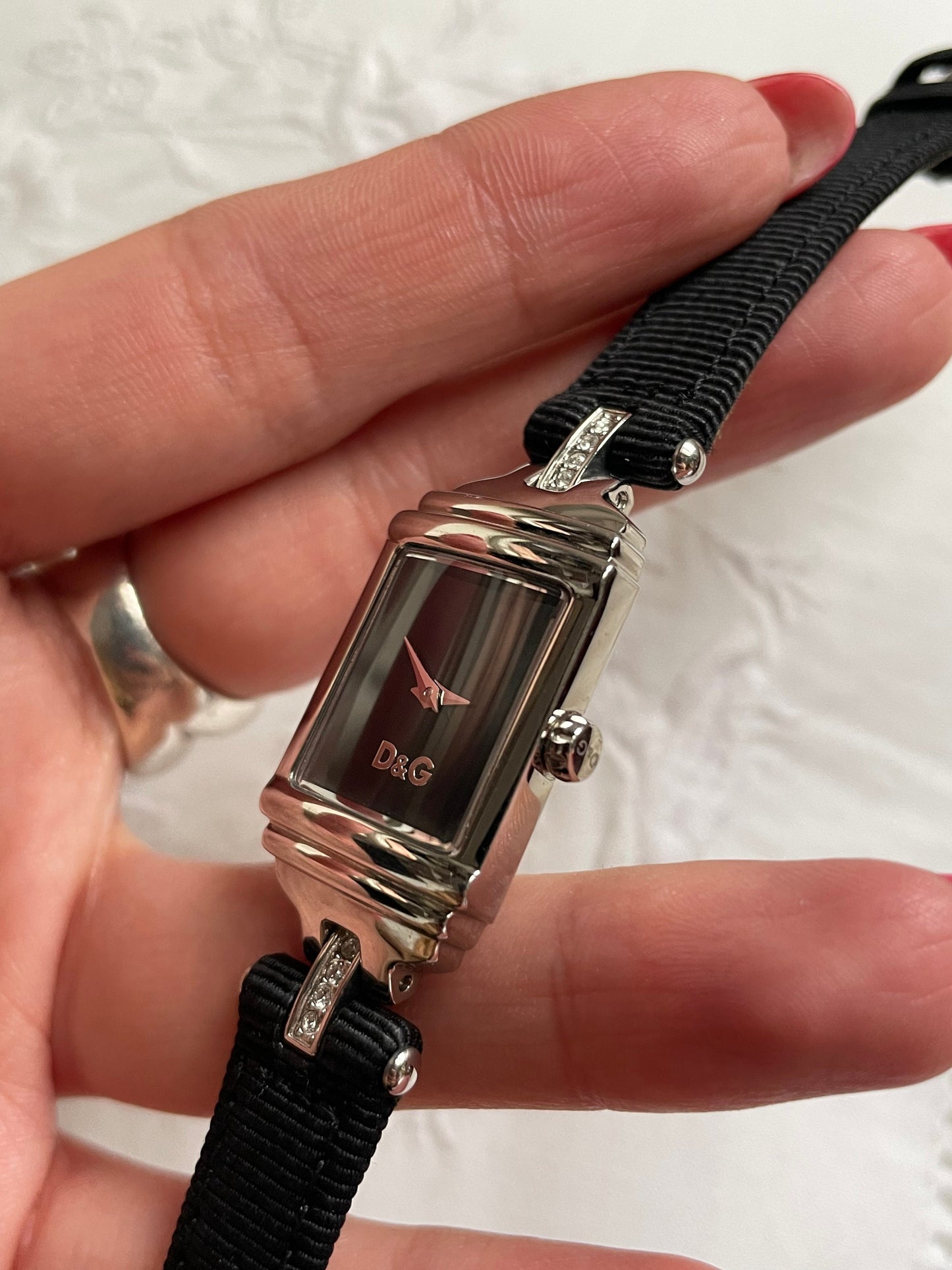 D&G Dolce And Gabbana Art Deco Style Ladies Watch - Stainless Steel, Black Fabric and Leather Strap