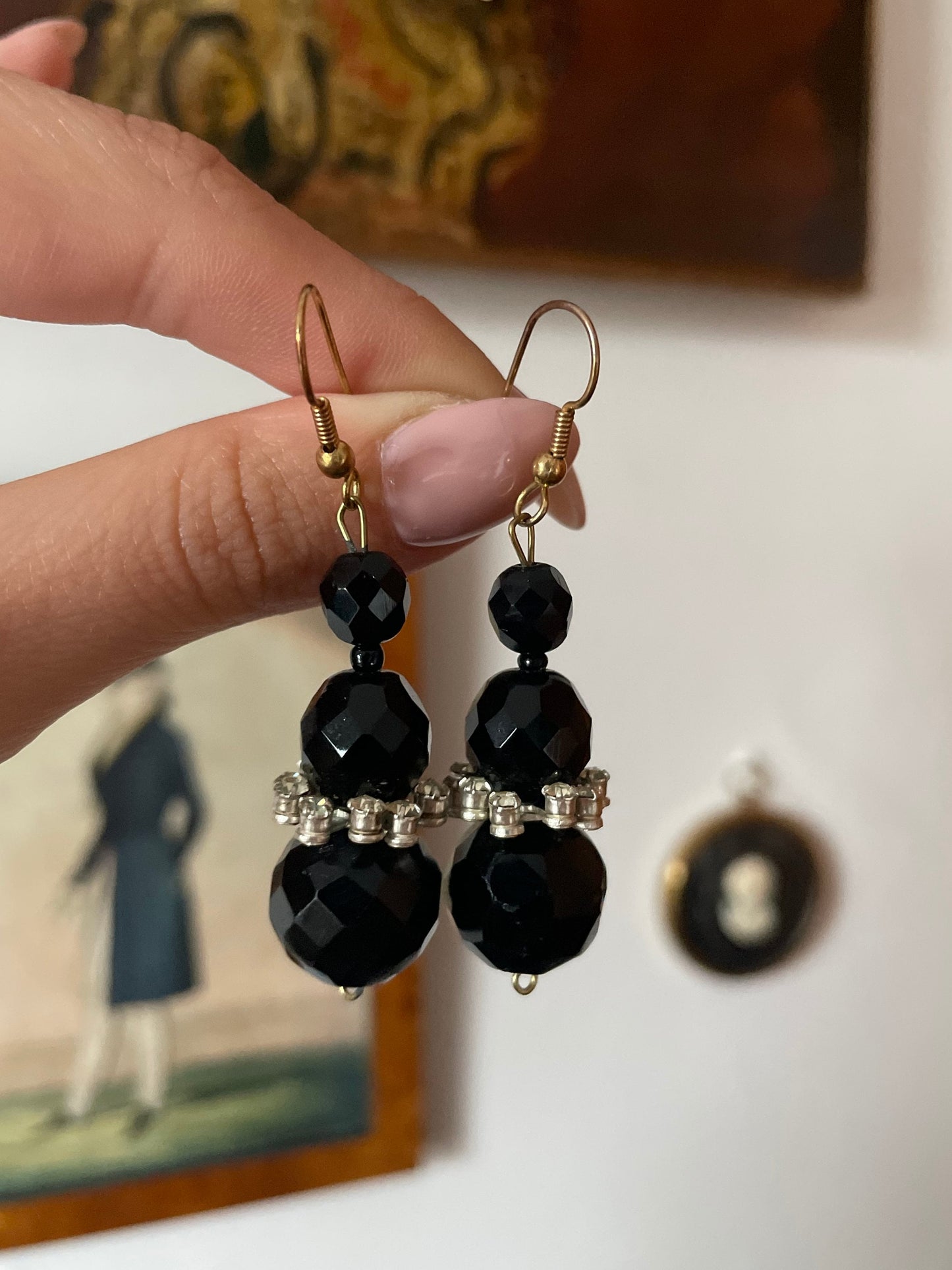 Antique 1920s / 30s Art Deco French Jet Glass Tiered Bead Earrings