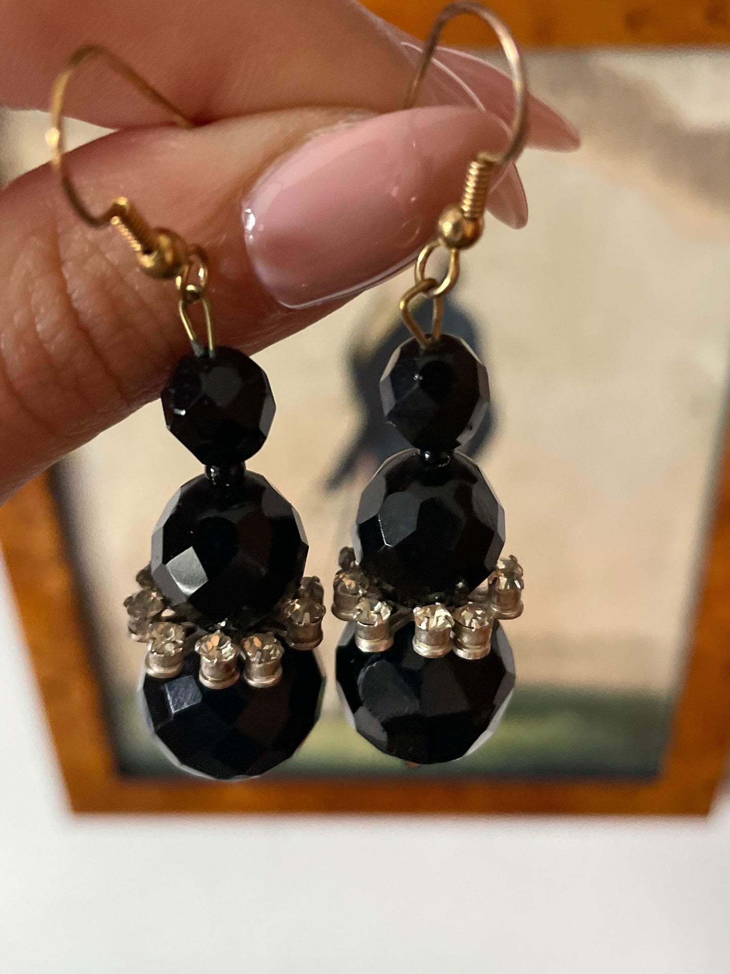 Antique 1920s / 30s Art Deco French Jet Glass Tiered Bead Earrings