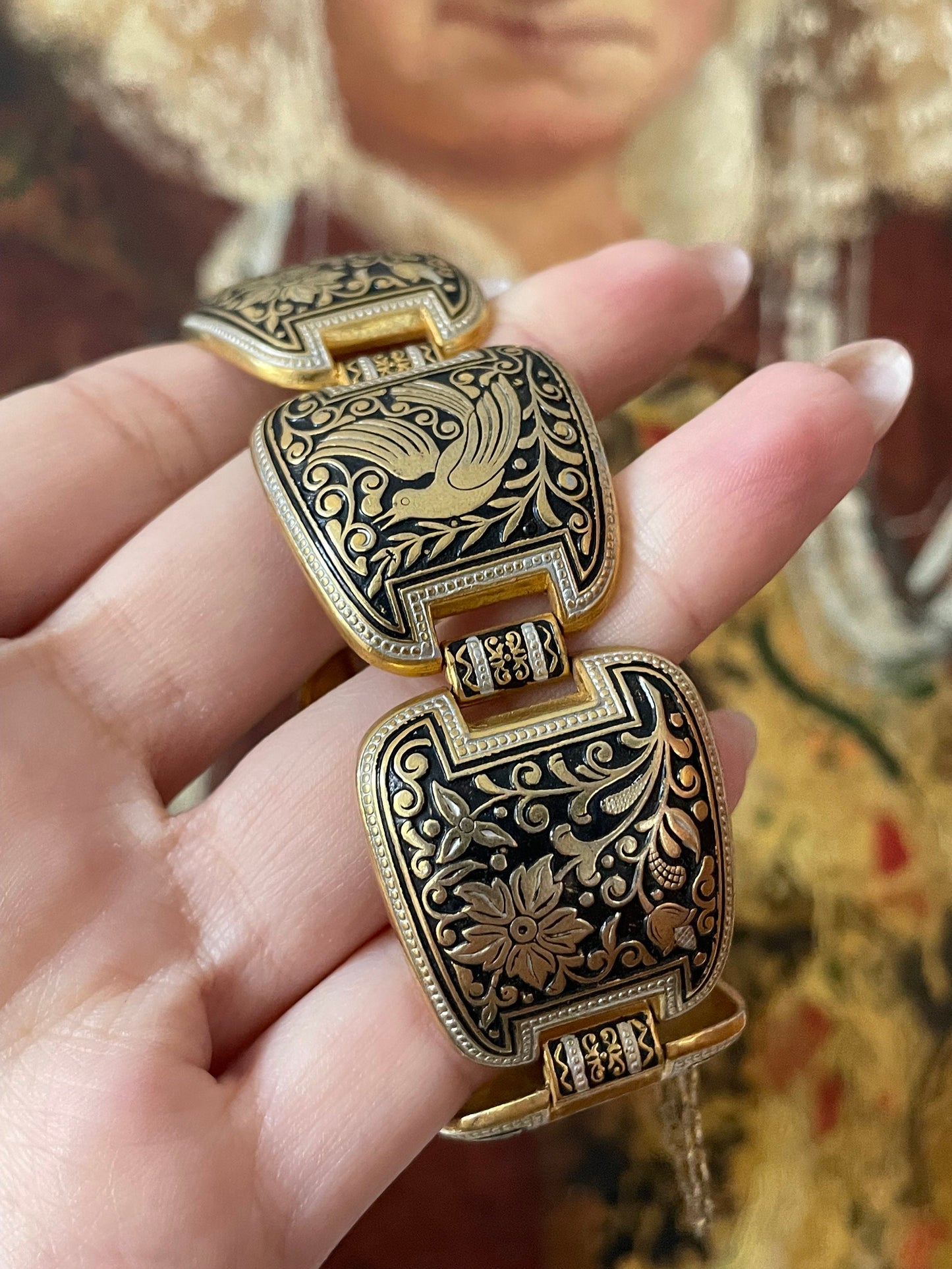 Exquisite Vintage 1940s Toledo Damascene Panel Bracelet