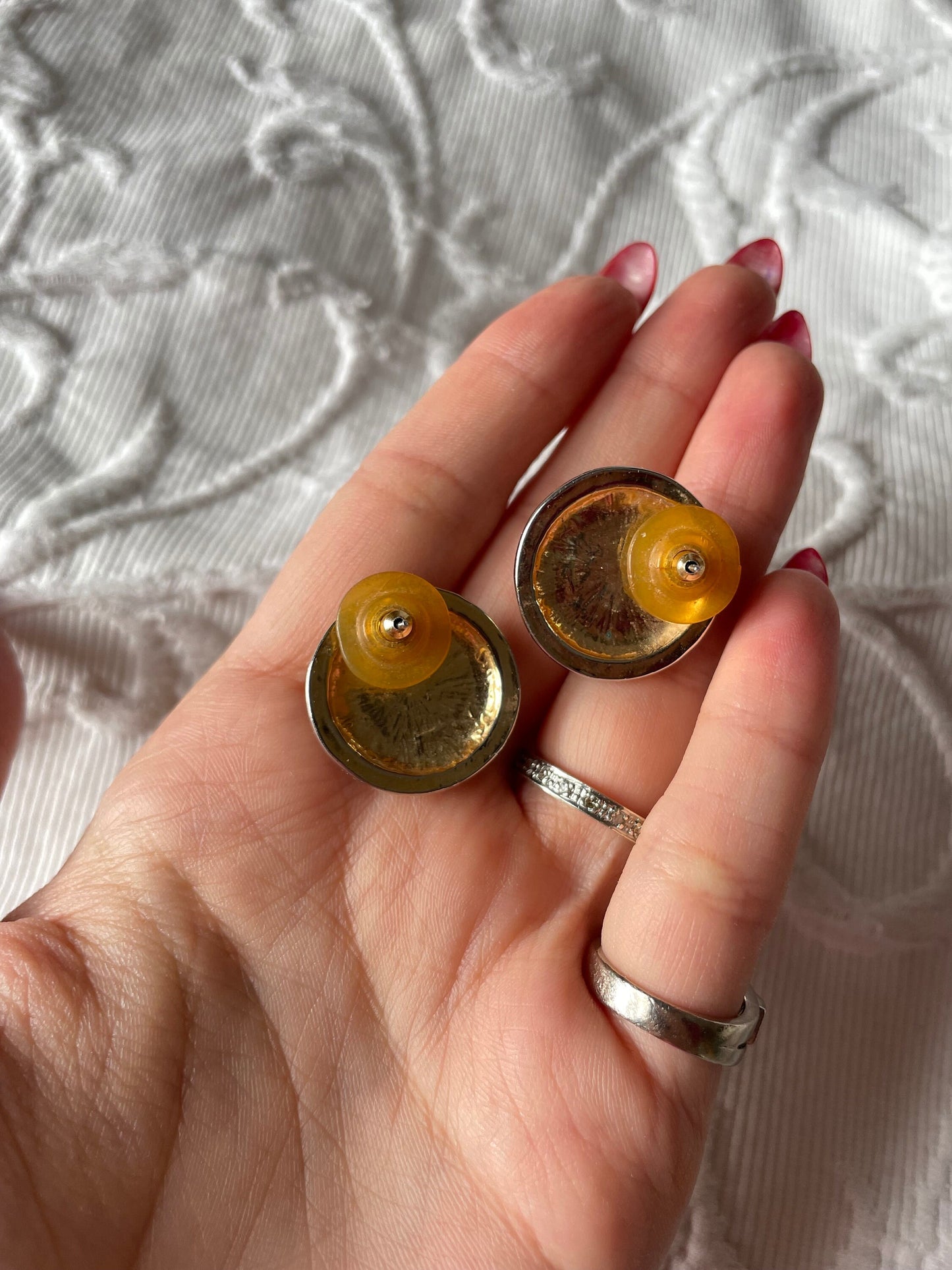 Vintaga 1980s Blue Enamel Pearl Cabochon Earrings Studs