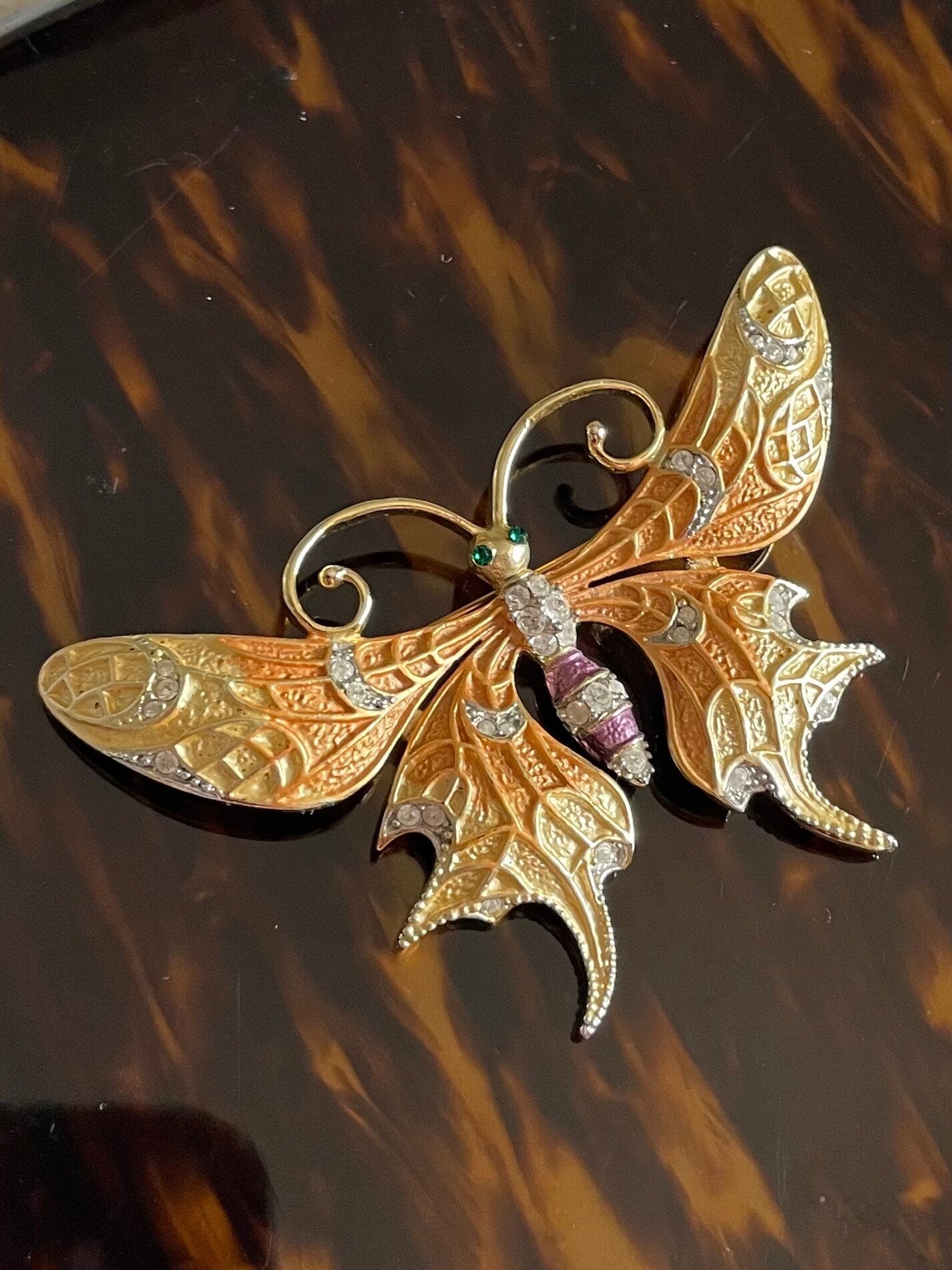 Vintage Gold Metal Butterfly Brooch with Paste Stones