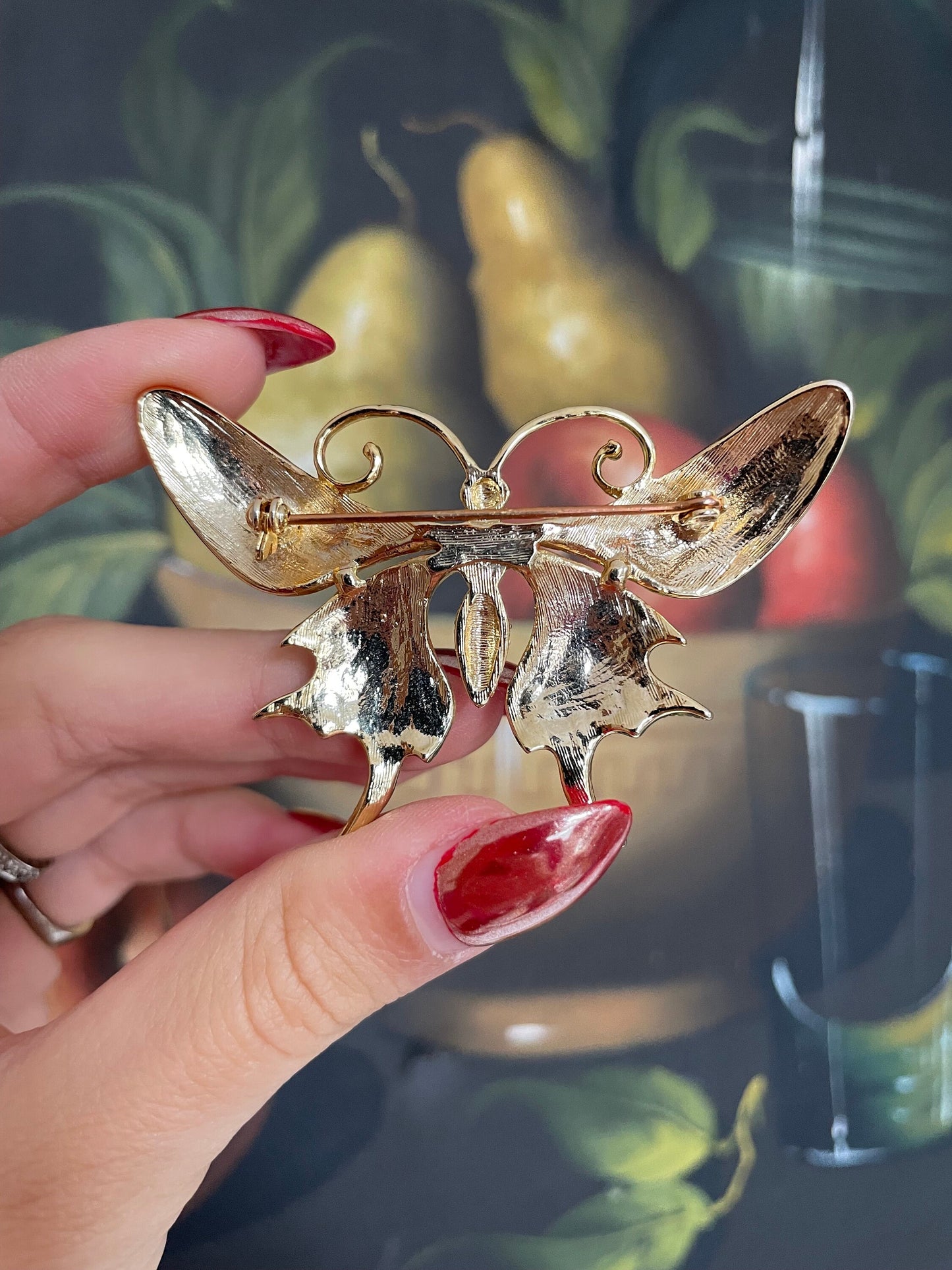 Vintage Gold Metal Butterfly Brooch with Paste Stones