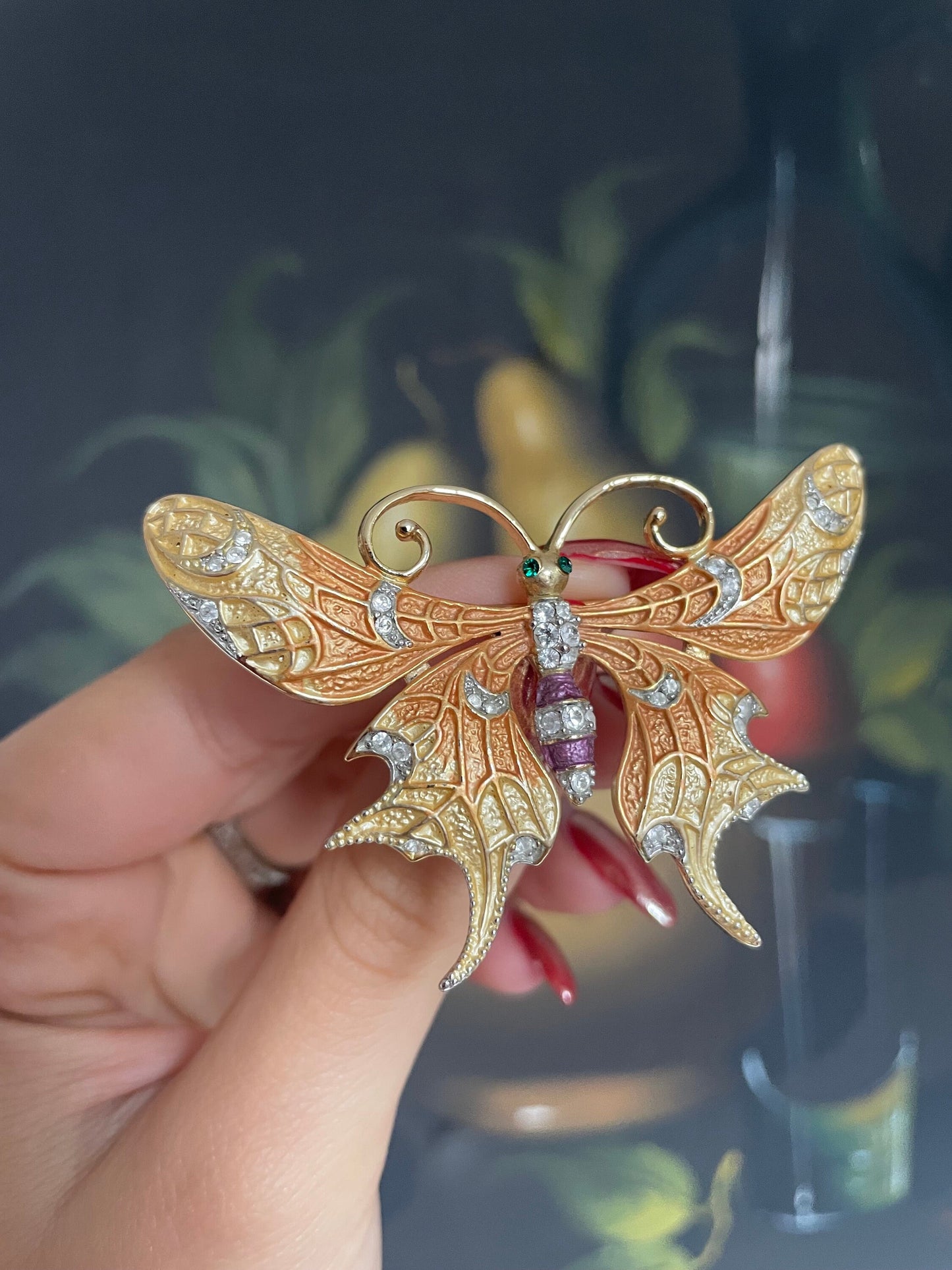 Vintage Gold Metal Butterfly Brooch with Paste Stones