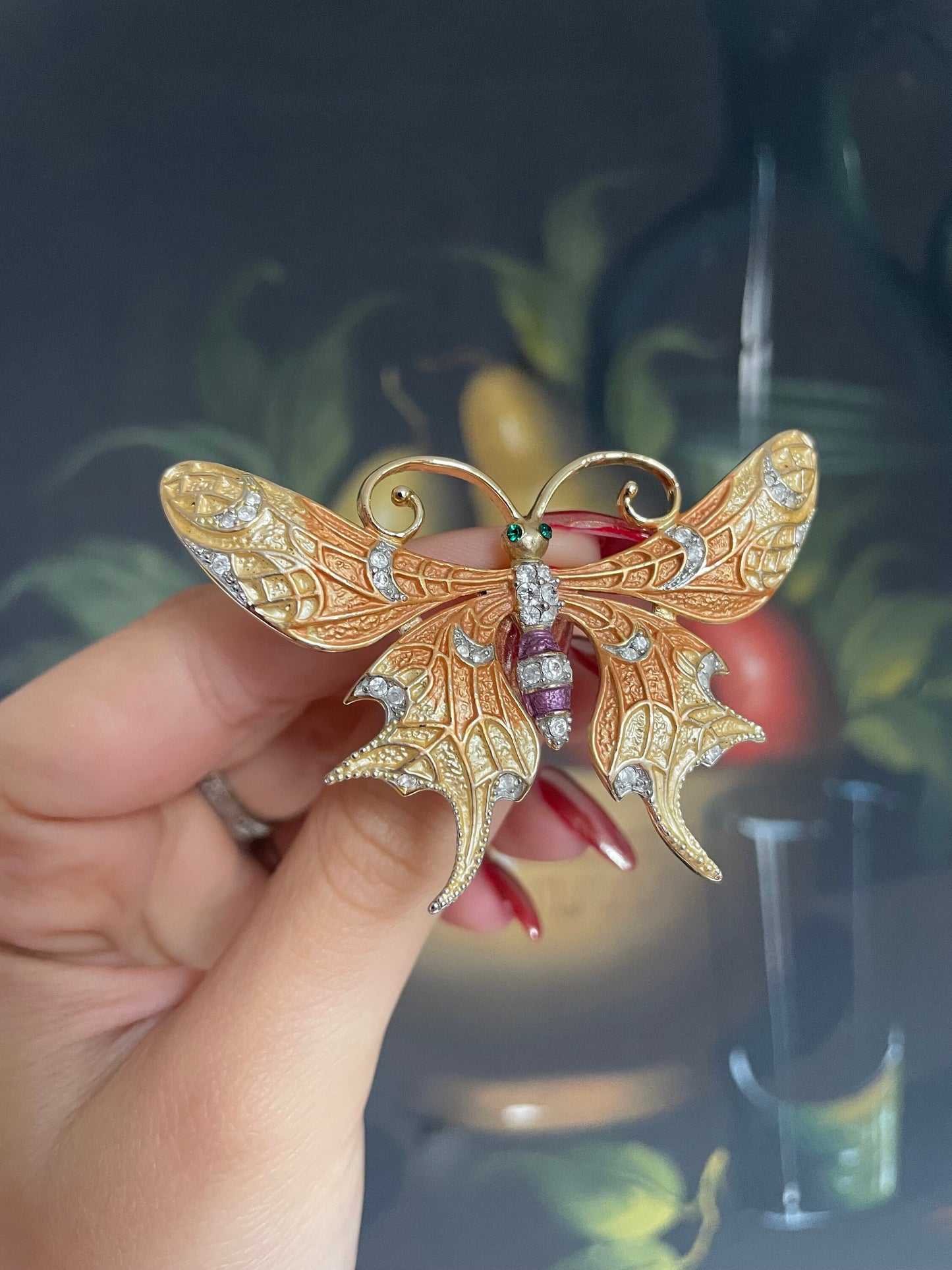 Vintage Gold Metal Butterfly Brooch with Paste Stones