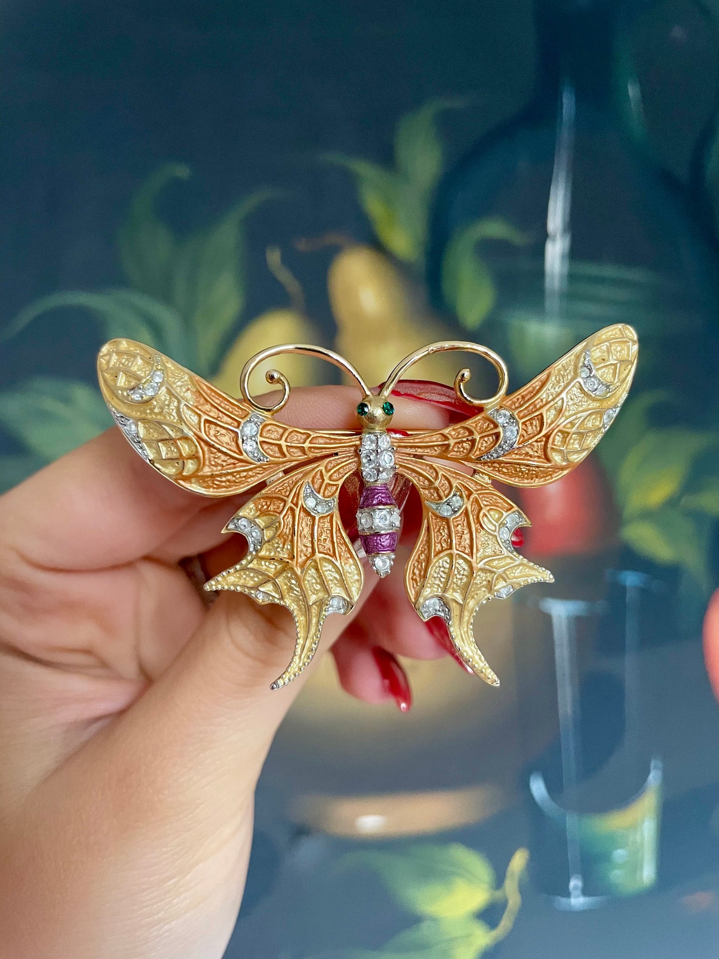 Vintage Gold Metal Butterfly Brooch with Paste Stones