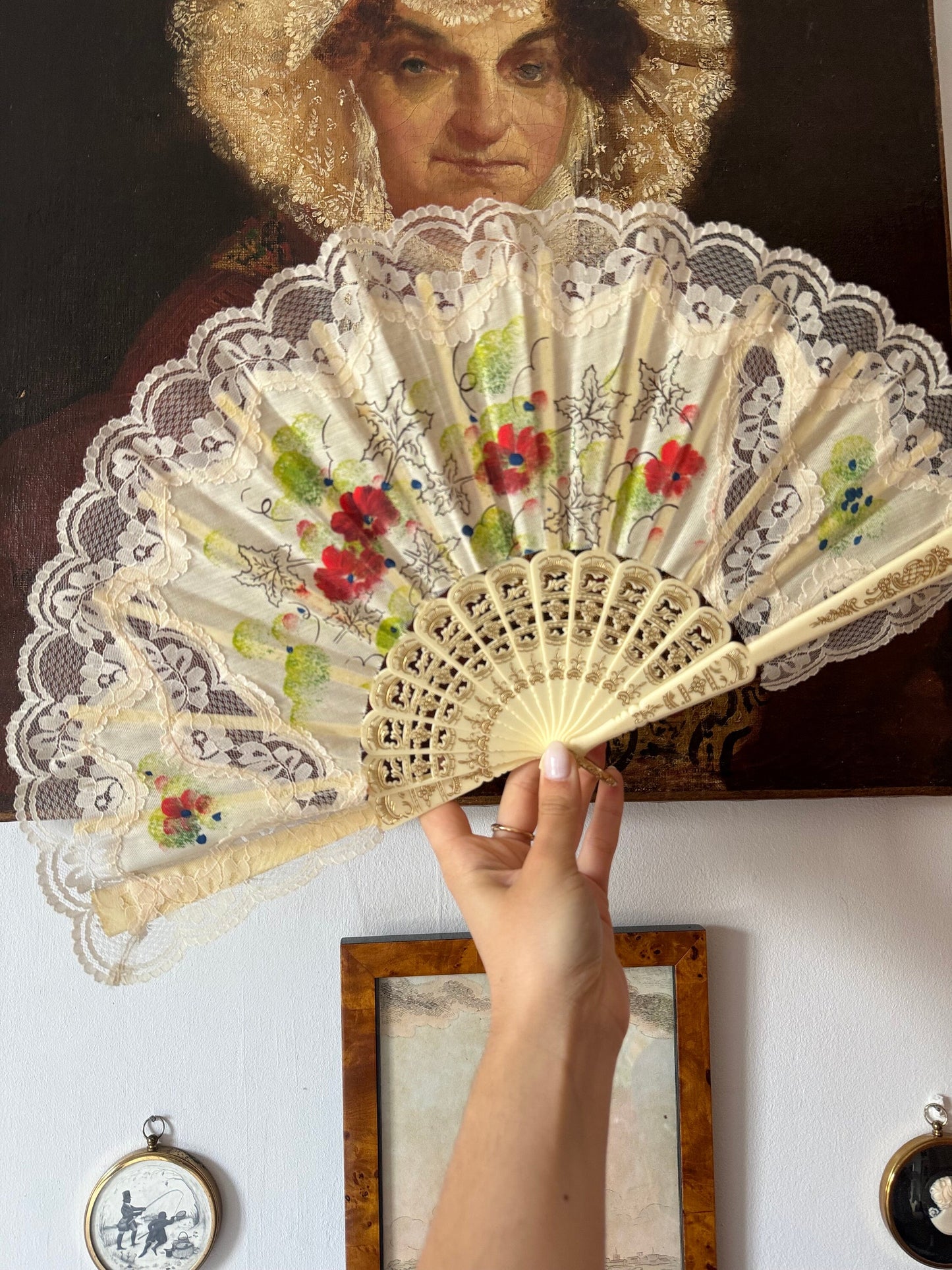 Vintage Hand Painted Floral Folding Fan With Lace Detail