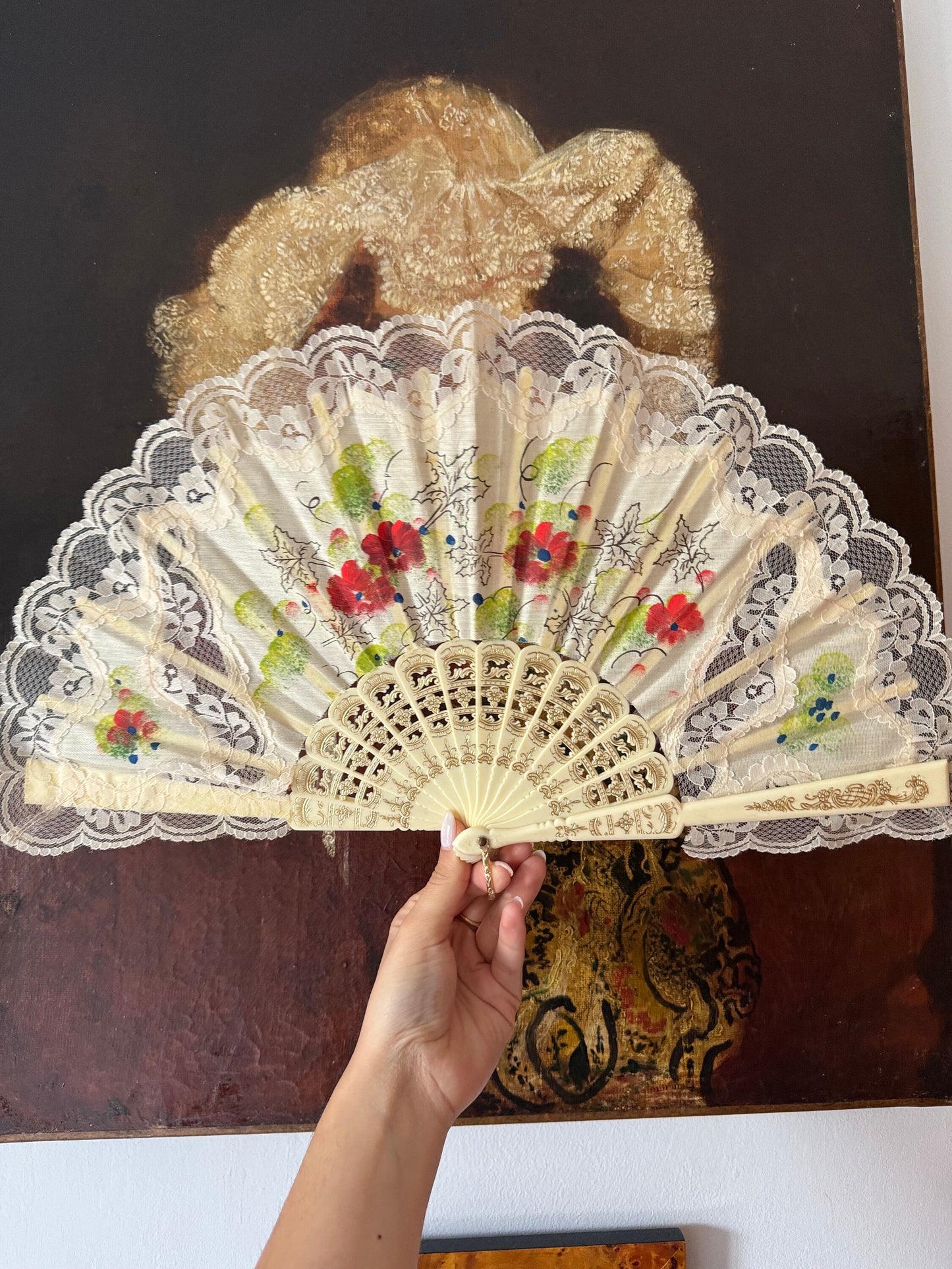 Vintage Hand Painted Floral Folding Fan With Lace Detail