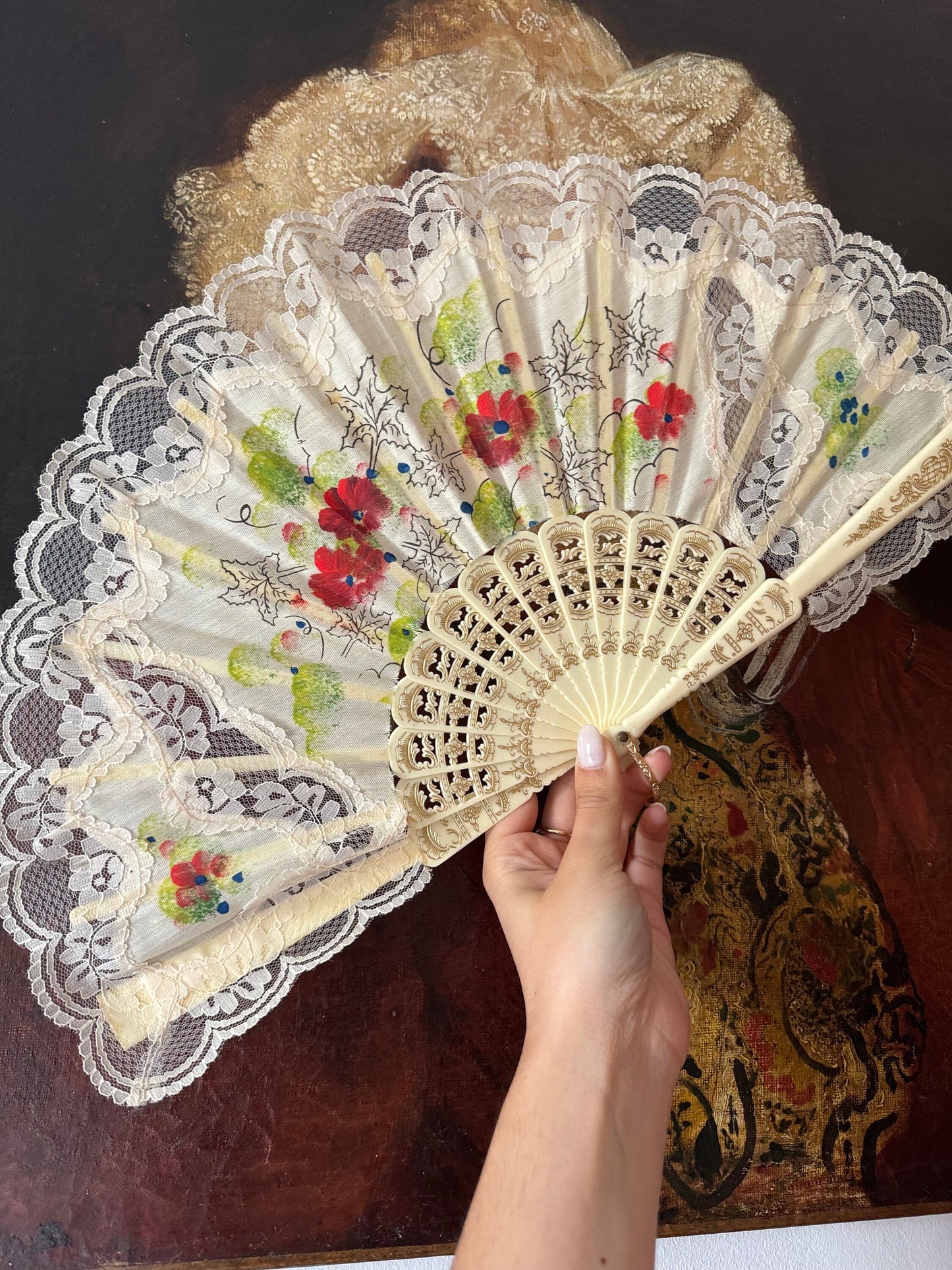 Vintage Hand Painted Floral Folding Fan With Lace Detail