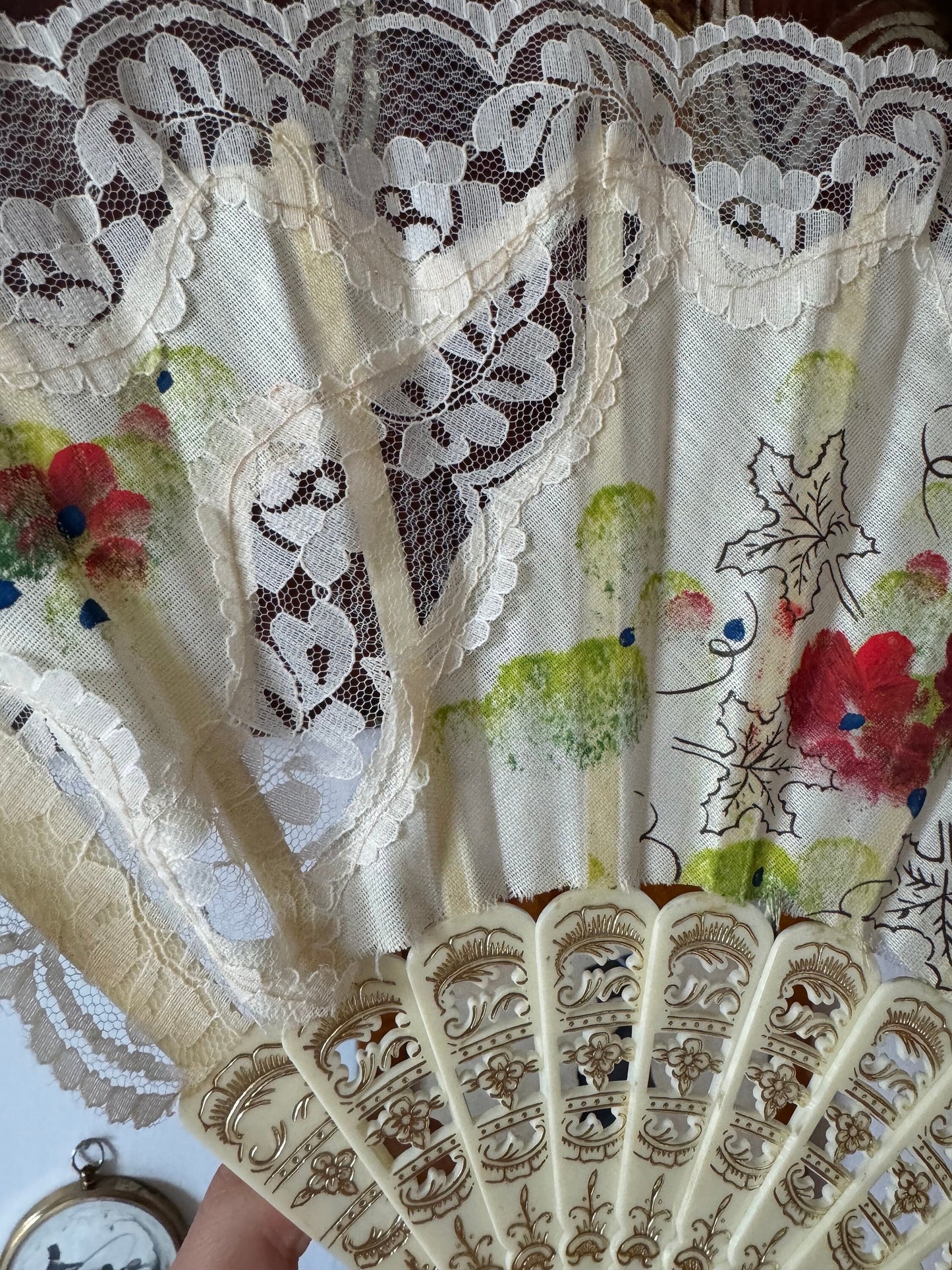 Vintage Hand Painted Floral Folding Fan With Lace Detail