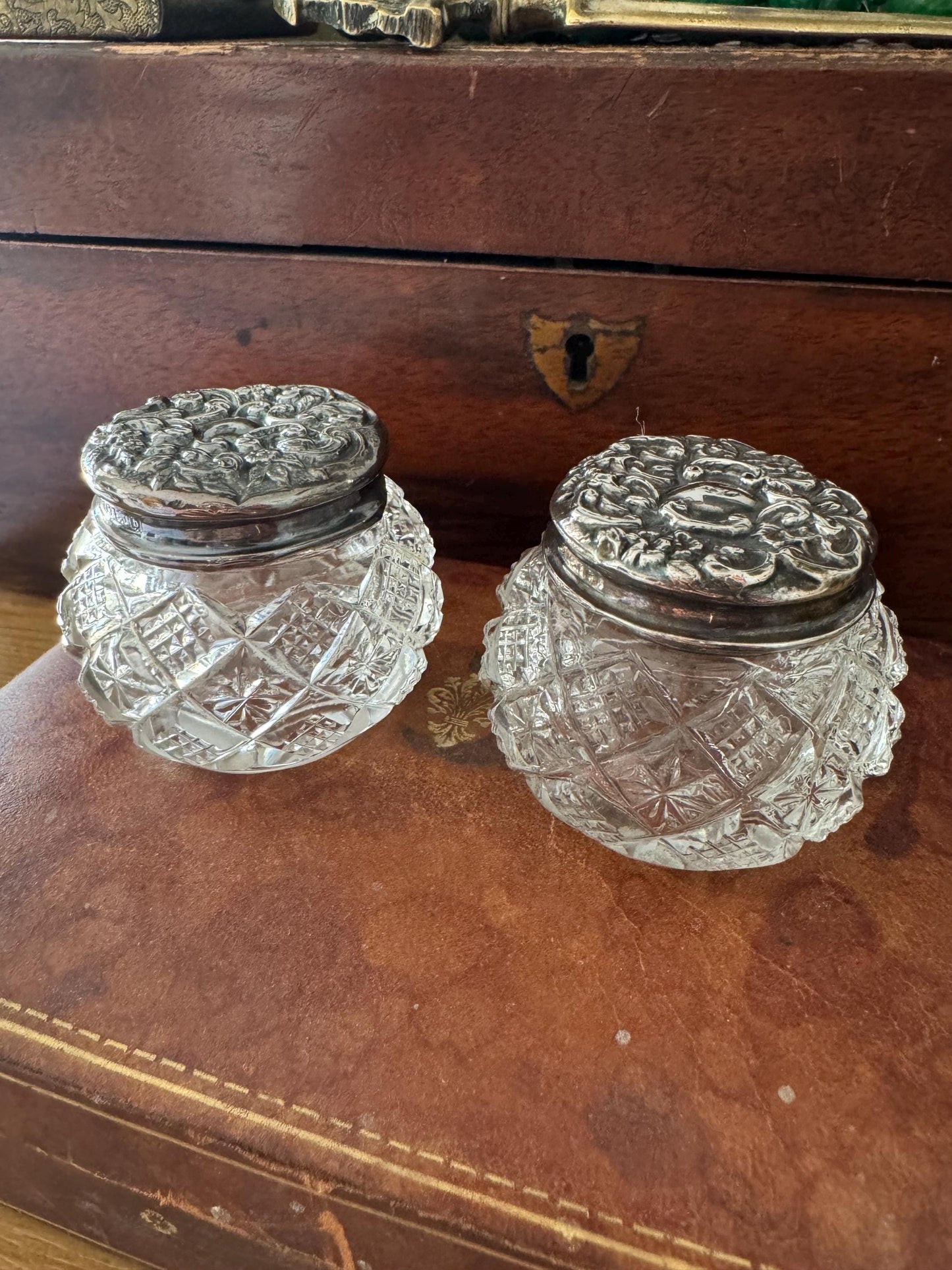 Pair of Antique Victorian Sterling Silver Topped Glass Vanity Jars