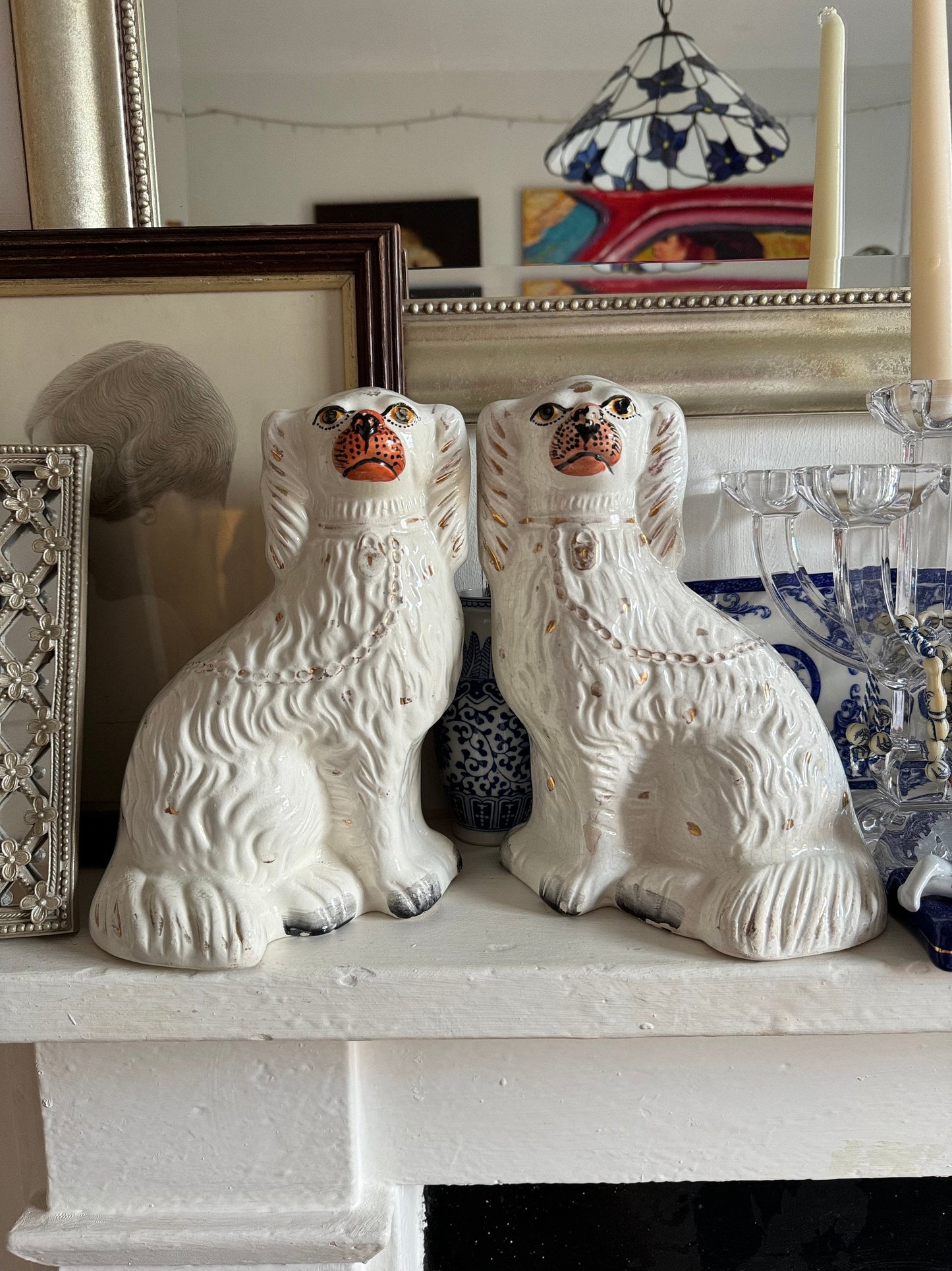 Pair of Antique Victorian Staffordshire Spaniel Dog Figurines - Mid to Late 19th Century